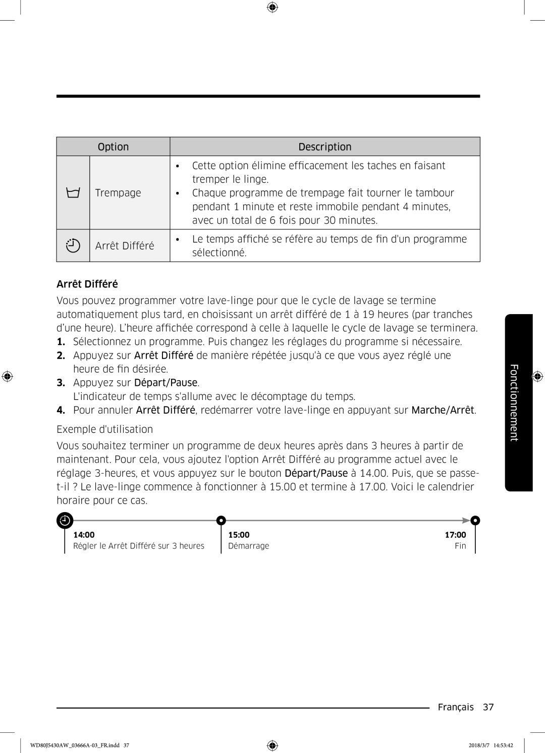 Samsung WD80J5430AW/WS manual Fonctionnement 