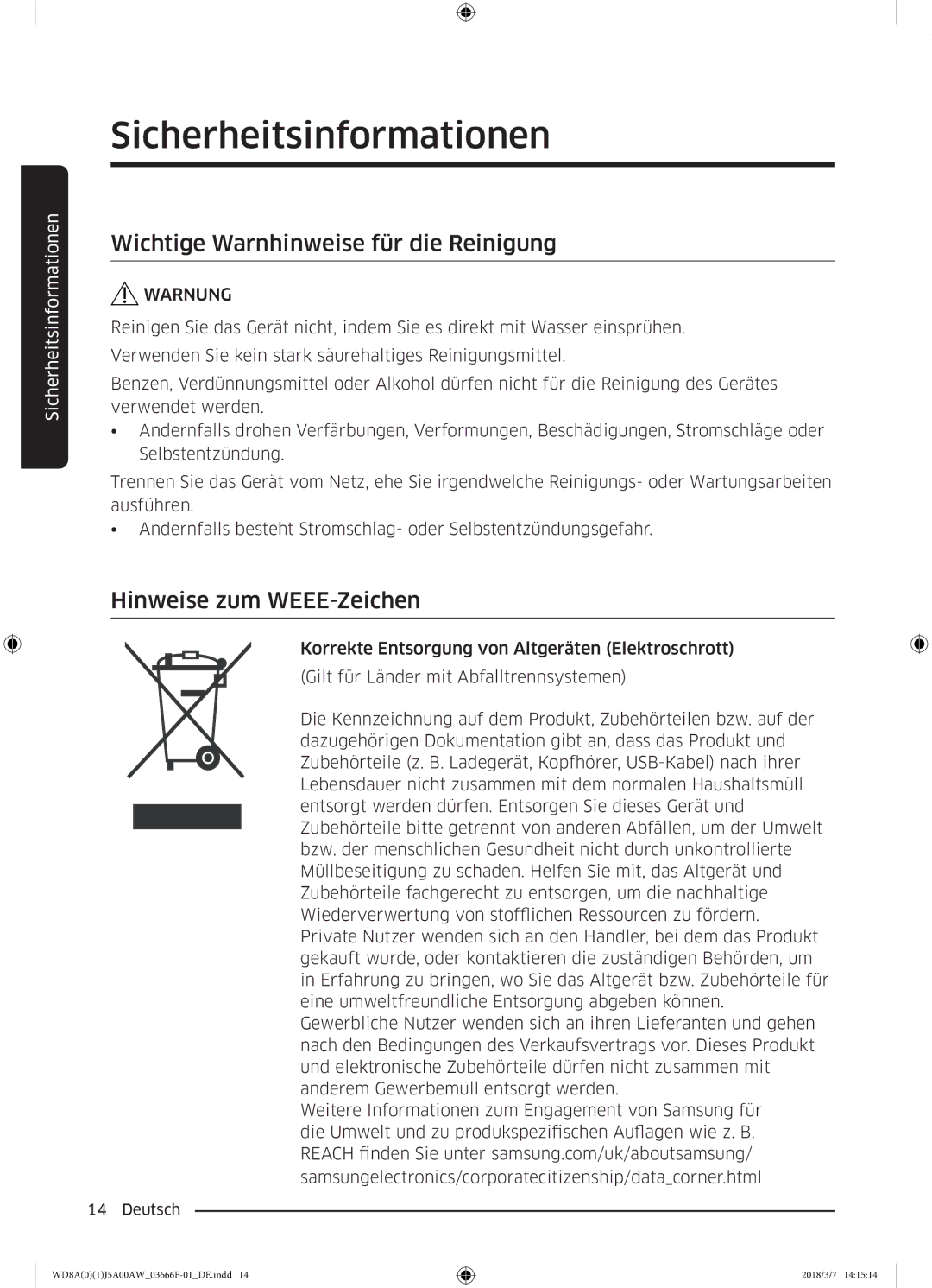 Samsung WD81J5A00AW/EG, WD80J5A00AW/EG, WD70J5A00AW/EG Wichtige Warnhinweise für die Reinigung, Hinweise zum WEEE-Zeichen 