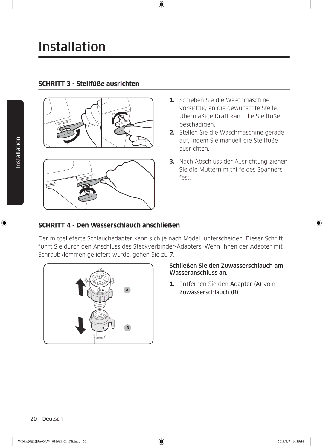 Samsung WD81J5A00AW/EG, WD80J5A00AW/EG, WD70J5A00AW/EG manual Schritt 3 Stellfüße ausrichten 