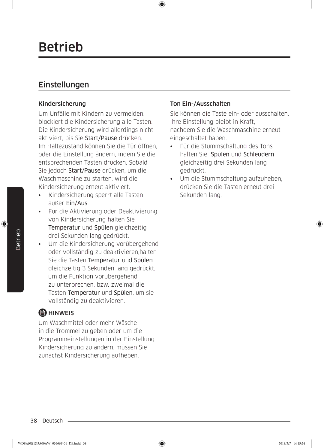 Samsung WD81J5A00AW/EG, WD80J5A00AW/EG, WD70J5A00AW/EG manual Einstellungen 