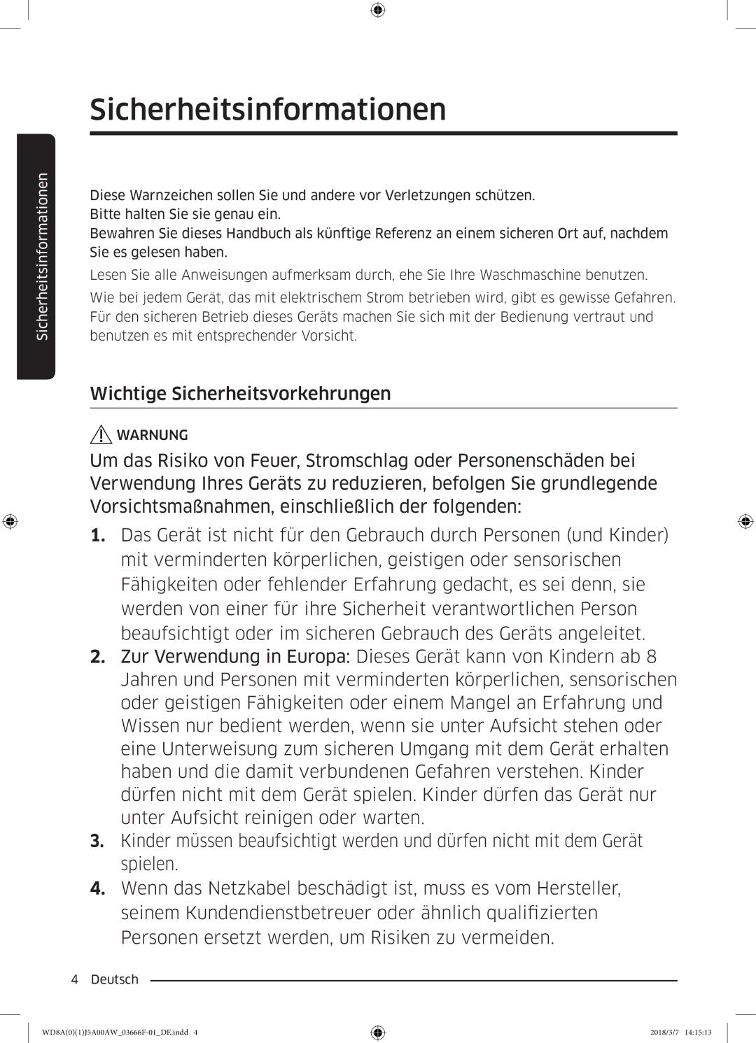 Samsung WD70J5A00AW/EG, WD80J5A00AW/EG, WD81J5A00AW/EG manual Wichtige Sicherheitsvorkehrungen 