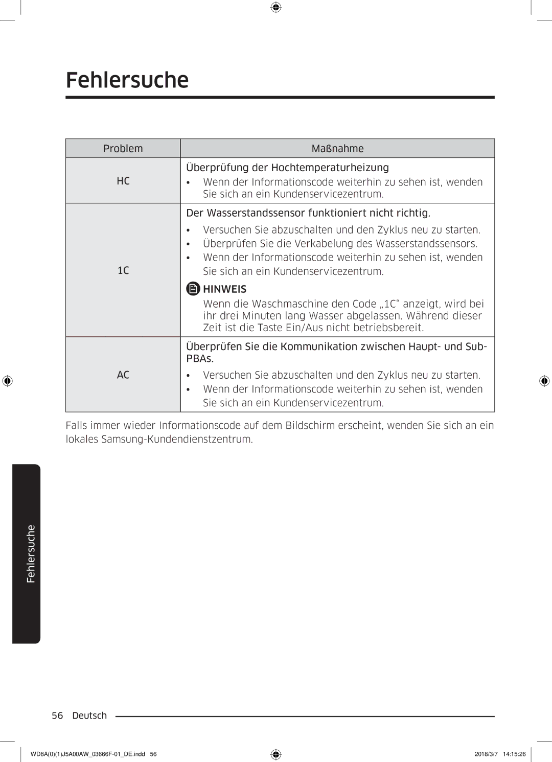 Samsung WD81J5A00AW/EG, WD80J5A00AW/EG, WD70J5A00AW/EG manual Wenn die Waschmaschine den Code „1C anzeigt, wird bei 