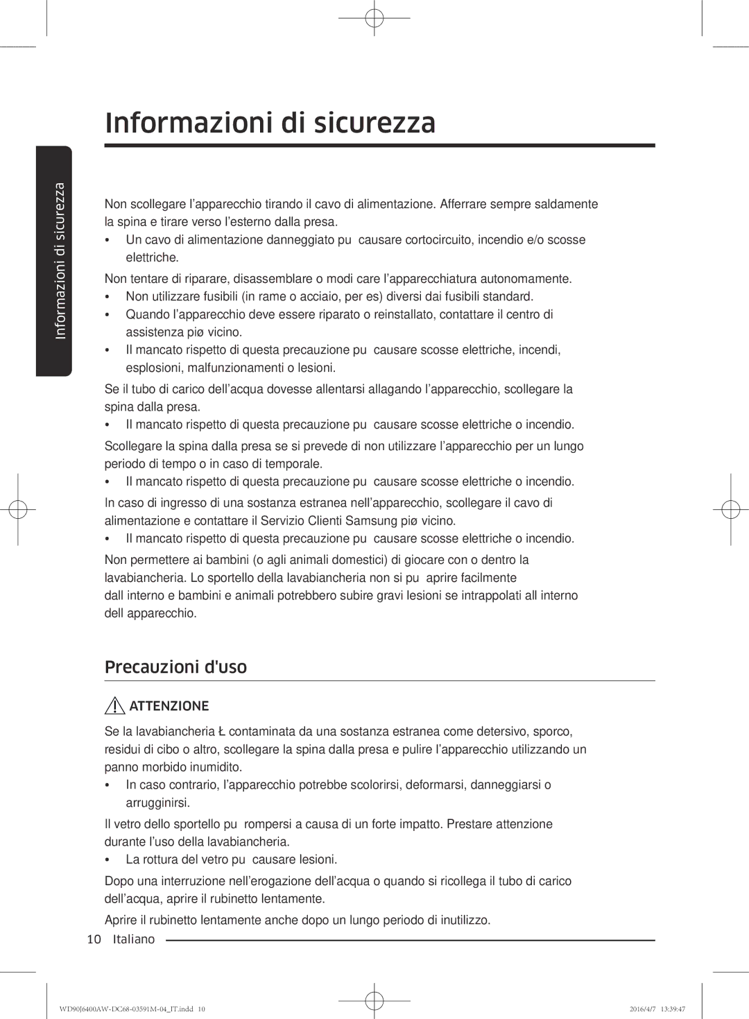 Samsung WD80J6410AW/ET, WD90J6400AW/ET manual Precauzioni duso 