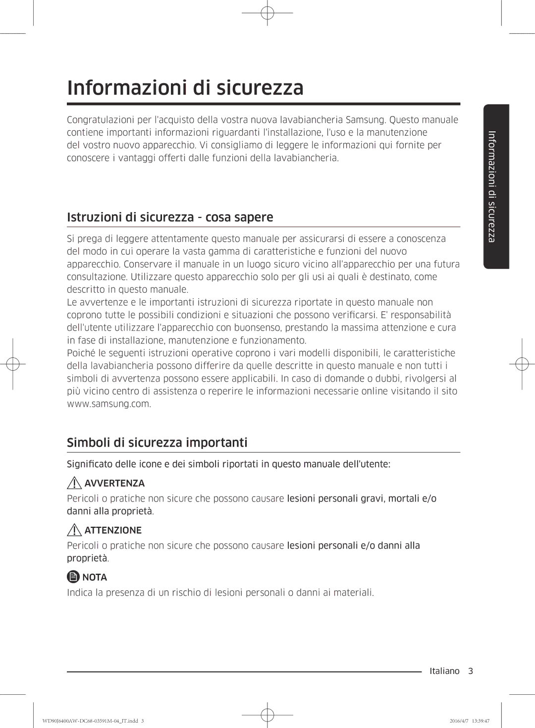 Samsung WD90J6400AW/ET Informazioni di sicurezza, Istruzioni di sicurezza cosa sapere, Simboli di sicurezza importanti 