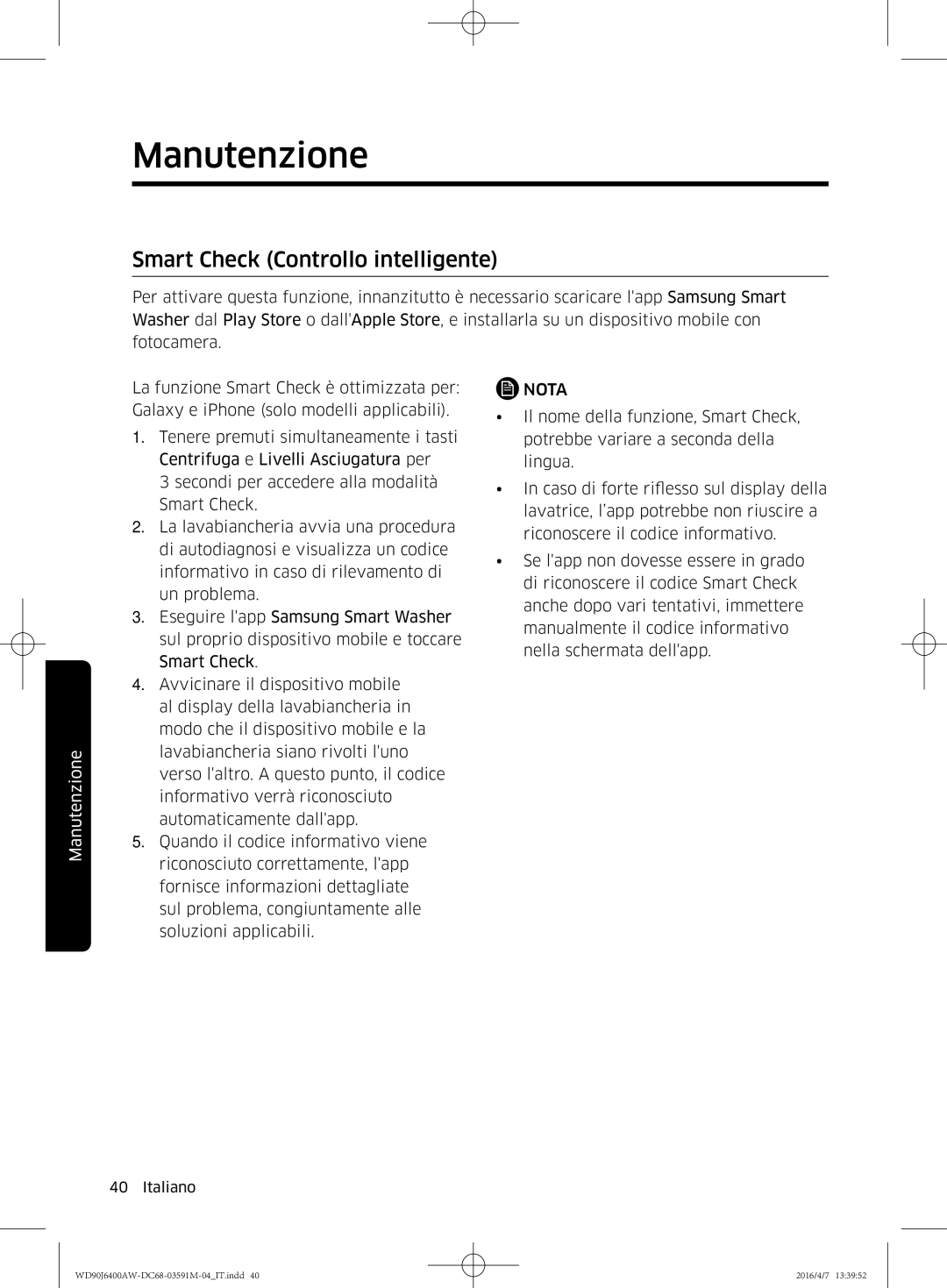 Samsung WD80J6410AW/ET, WD90J6400AW/ET manual Smart Check Controllo intelligente 