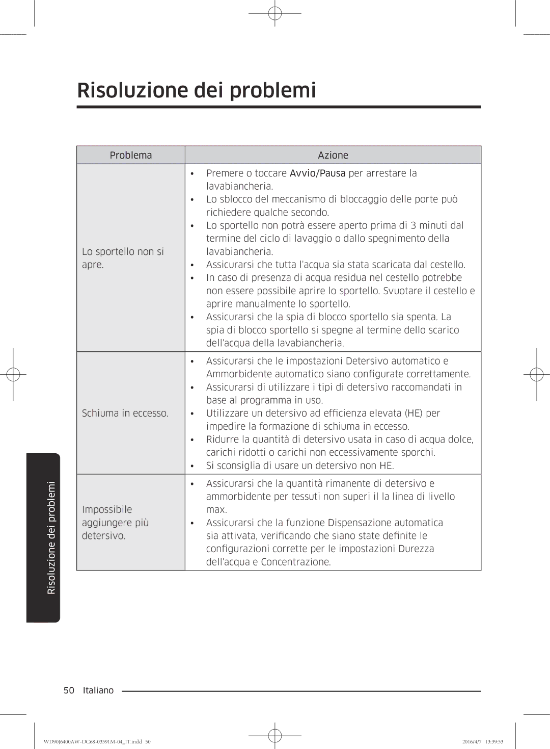 Samsung WD80J6410AW/ET, WD90J6400AW/ET manual Risoluzione dei problemi 