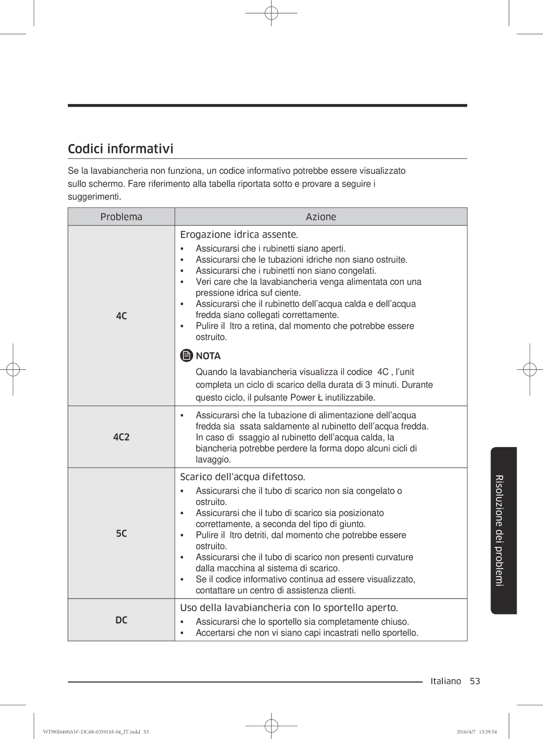 Samsung WD90J6400AW/ET, WD80J6410AW/ET manual Codici informativi 