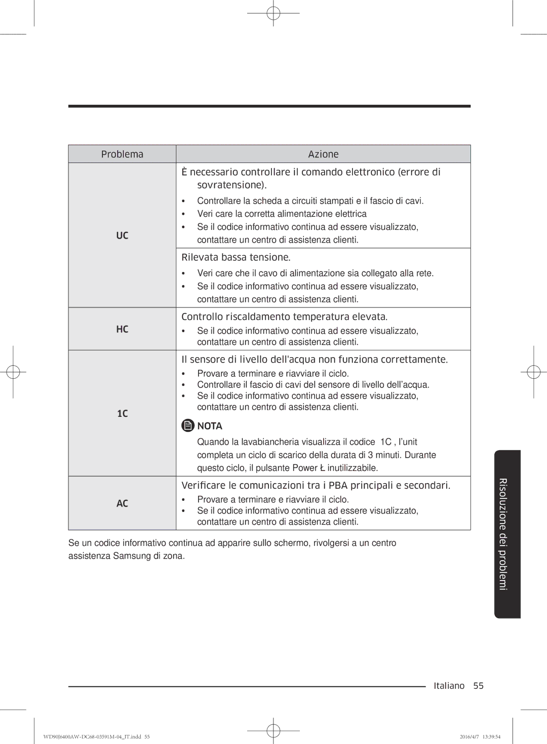 Samsung WD90J6400AW/ET, WD80J6410AW/ET manual Quando la lavabiancheria visualizza il codice 1C, lunità 