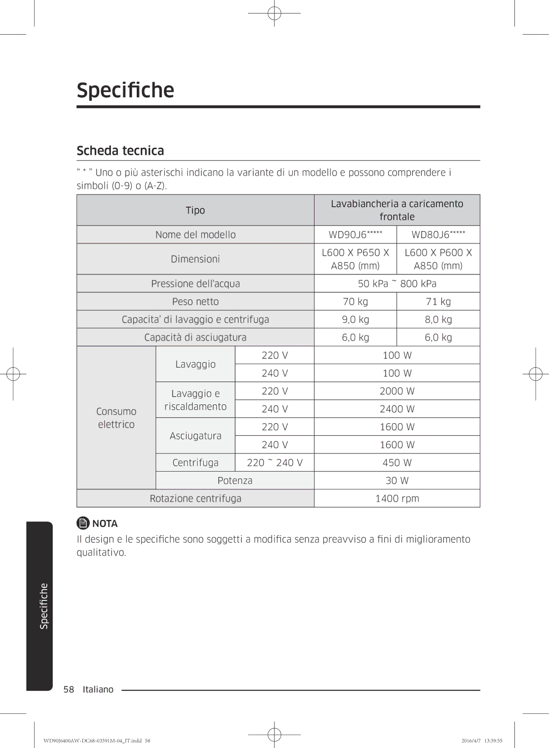 Samsung WD80J6410AW/ET, WD90J6400AW/ET manual Scheda tecnica 