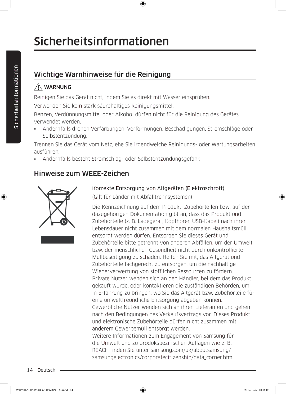 Samsung WD80J6A00AW/EG, WD91J6A00AW/EG manual Wichtige Warnhinweise für die Reinigung, Hinweise zum WEEE-Zeichen 