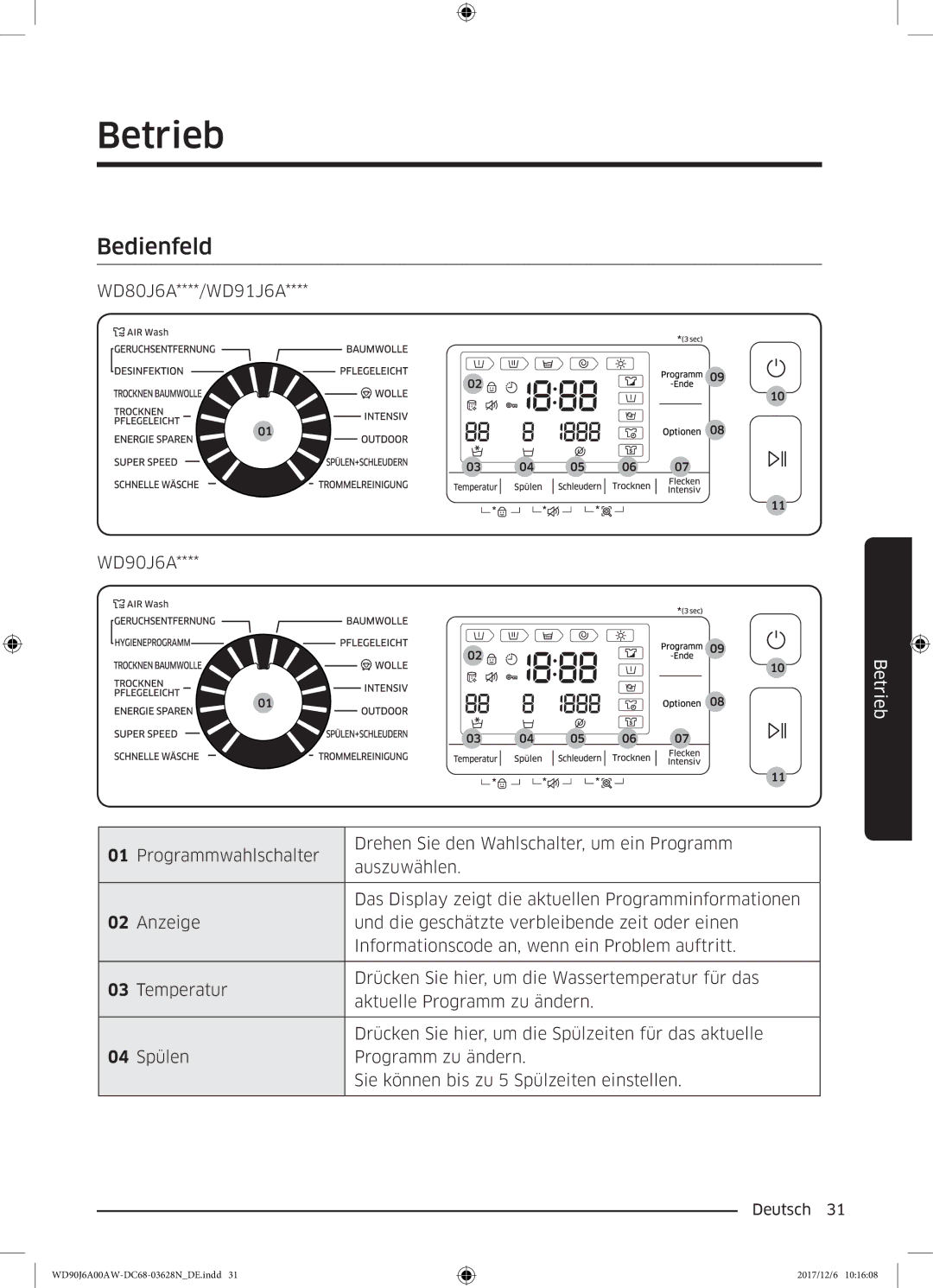 Samsung WD91J6A00AW/EG, WD80J6A00AW/EG manual Betrieb, Bedienfeld 