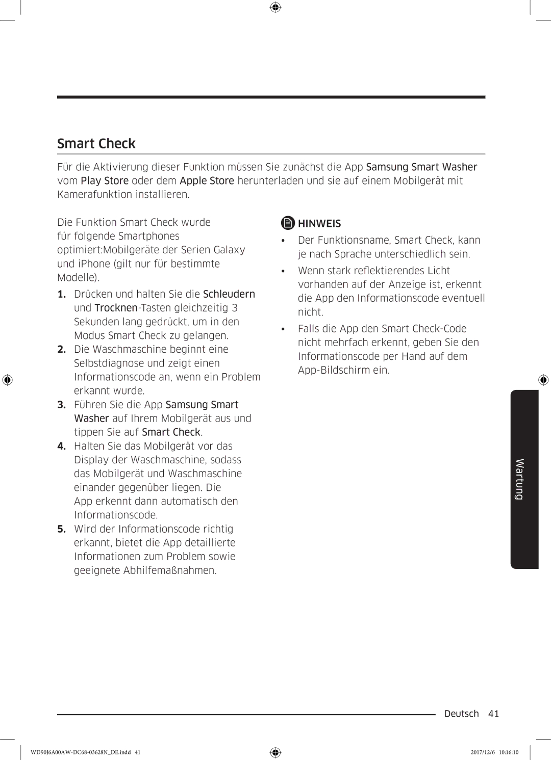 Samsung WD91J6A00AW/EG, WD80J6A00AW/EG manual Smart Check 