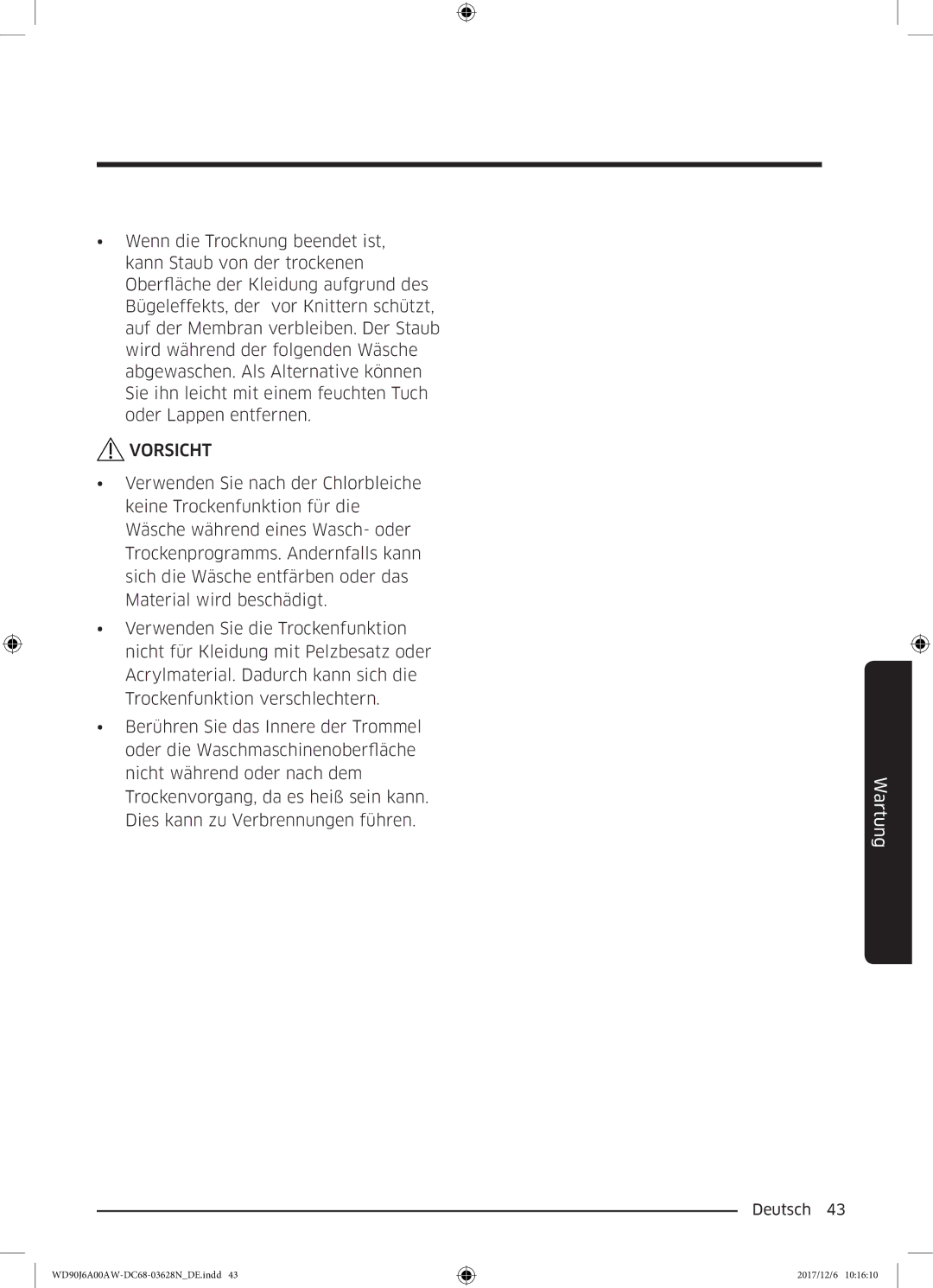 Samsung WD91J6A00AW/EG, WD80J6A00AW/EG manual Vorsicht 