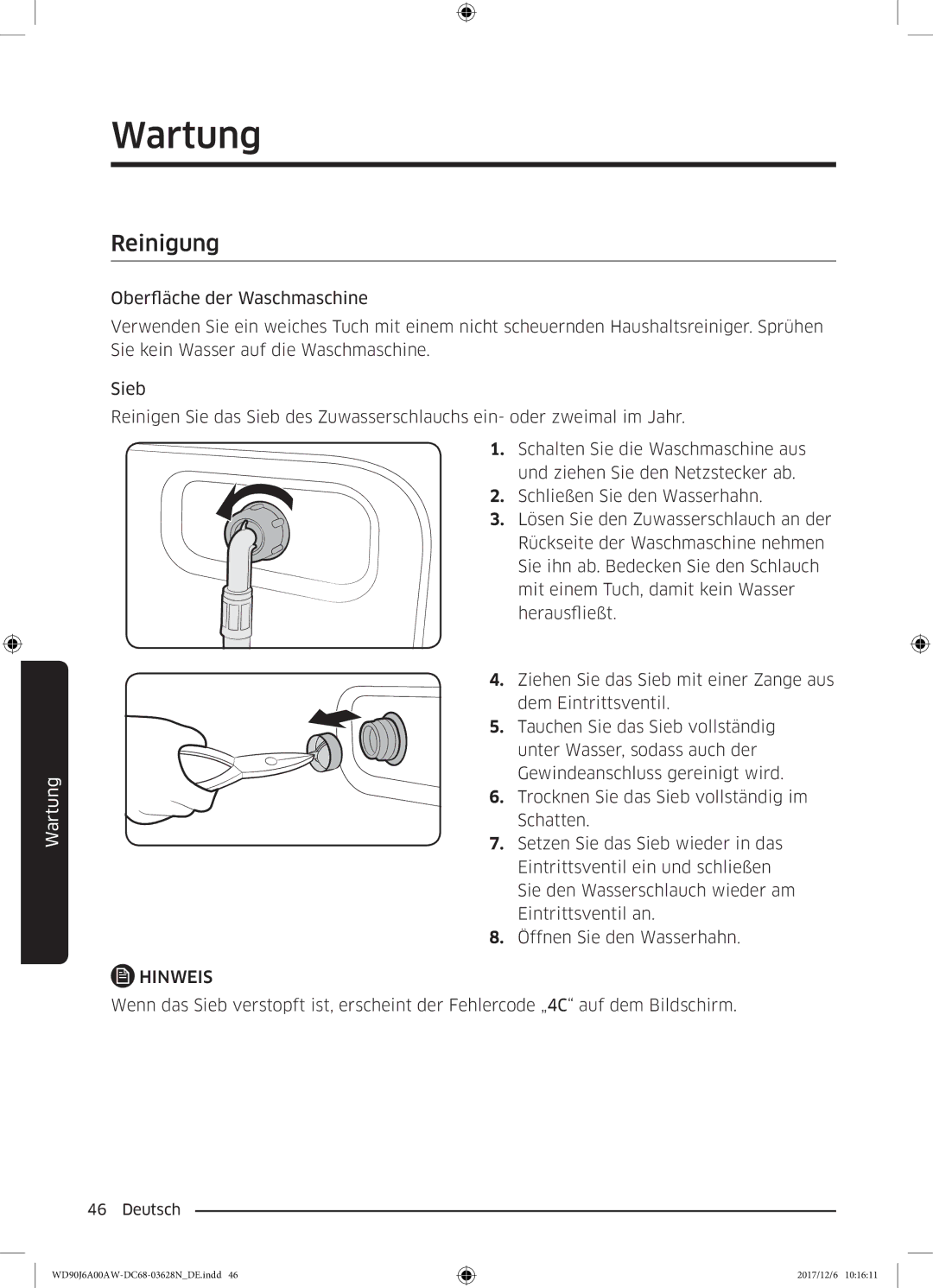 Samsung WD80J6A00AW/EG, WD91J6A00AW/EG manual Reinigung 