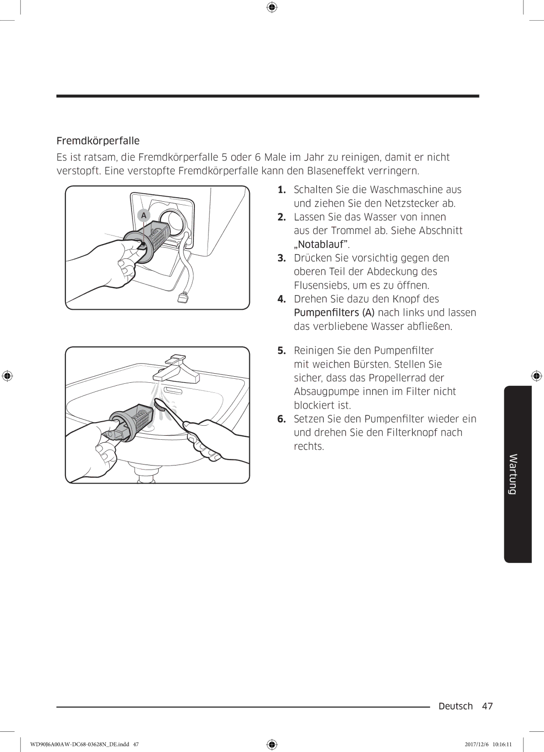 Samsung WD91J6A00AW/EG, WD80J6A00AW/EG manual Wartung 