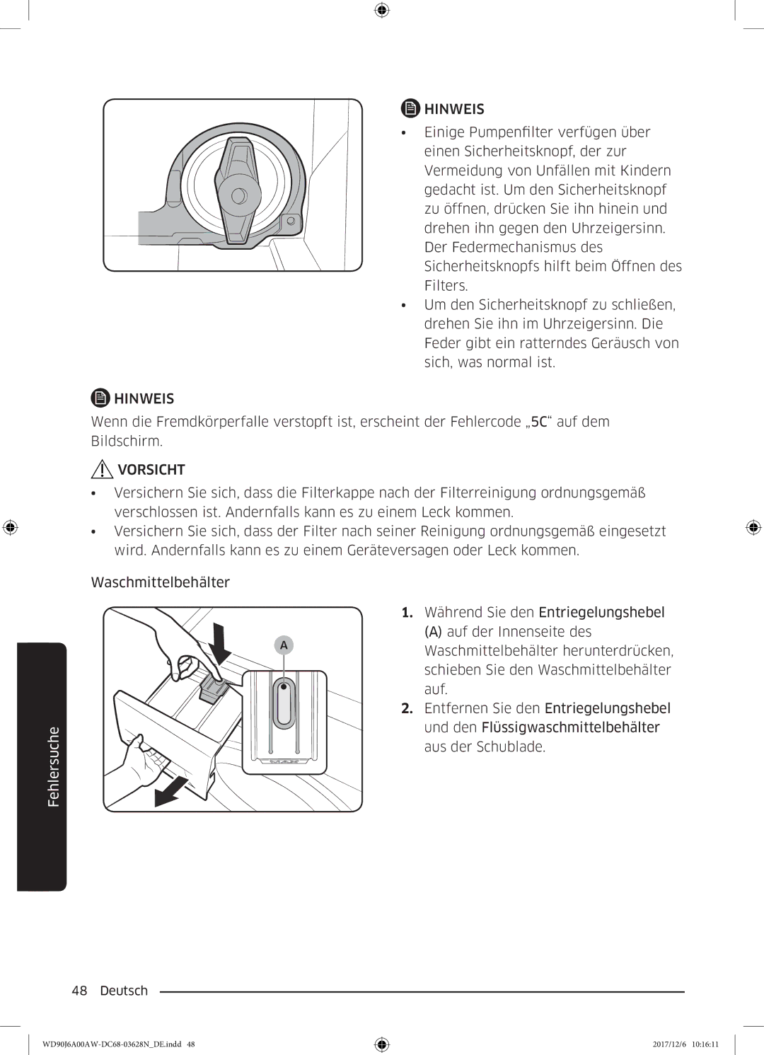 Samsung WD80J6A00AW/EG, WD91J6A00AW/EG manual Fehlersuche Fehlersuche 