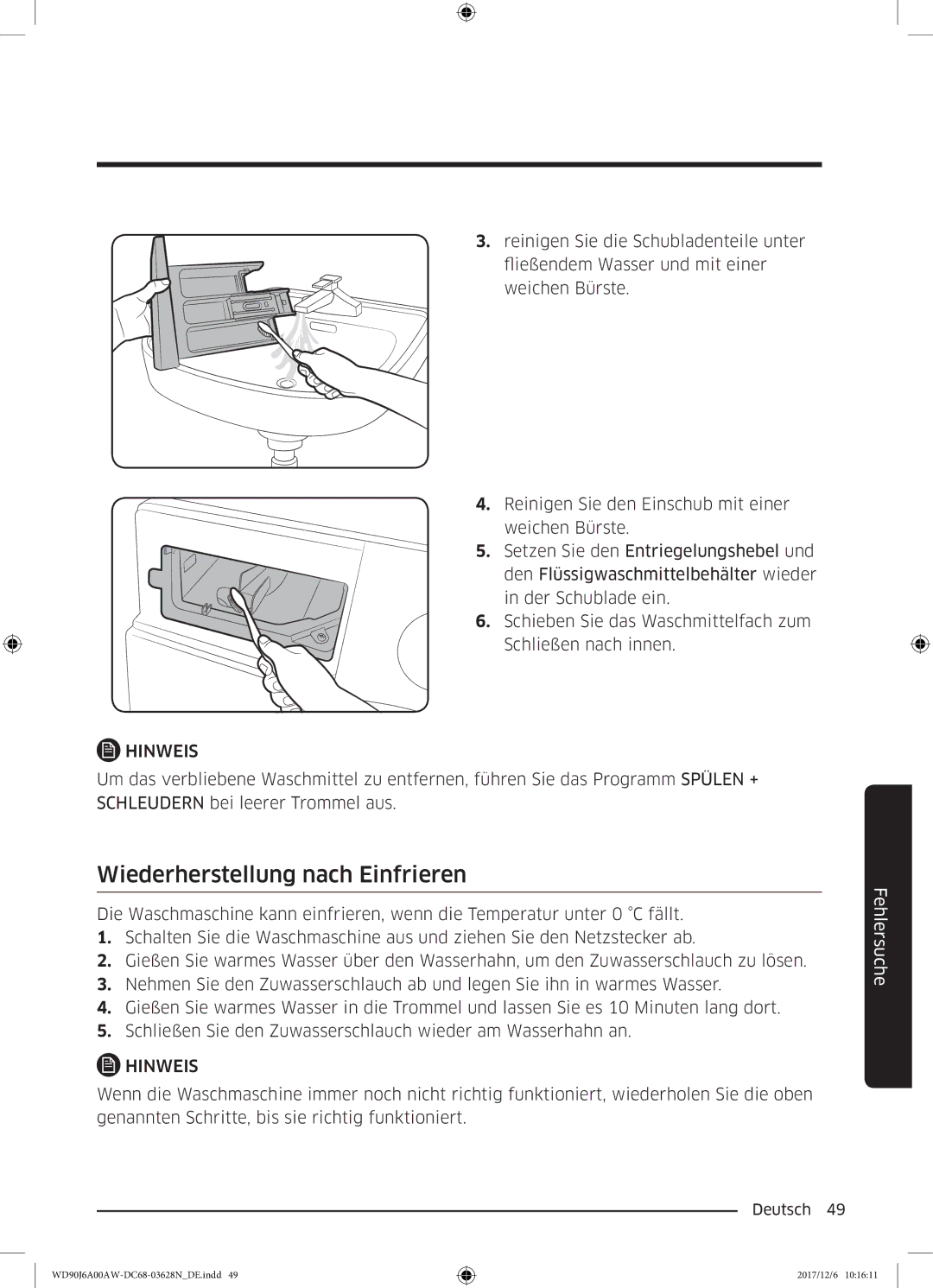 Samsung WD91J6A00AW/EG, WD80J6A00AW/EG manual Wiederherstellung nach Einfrieren 