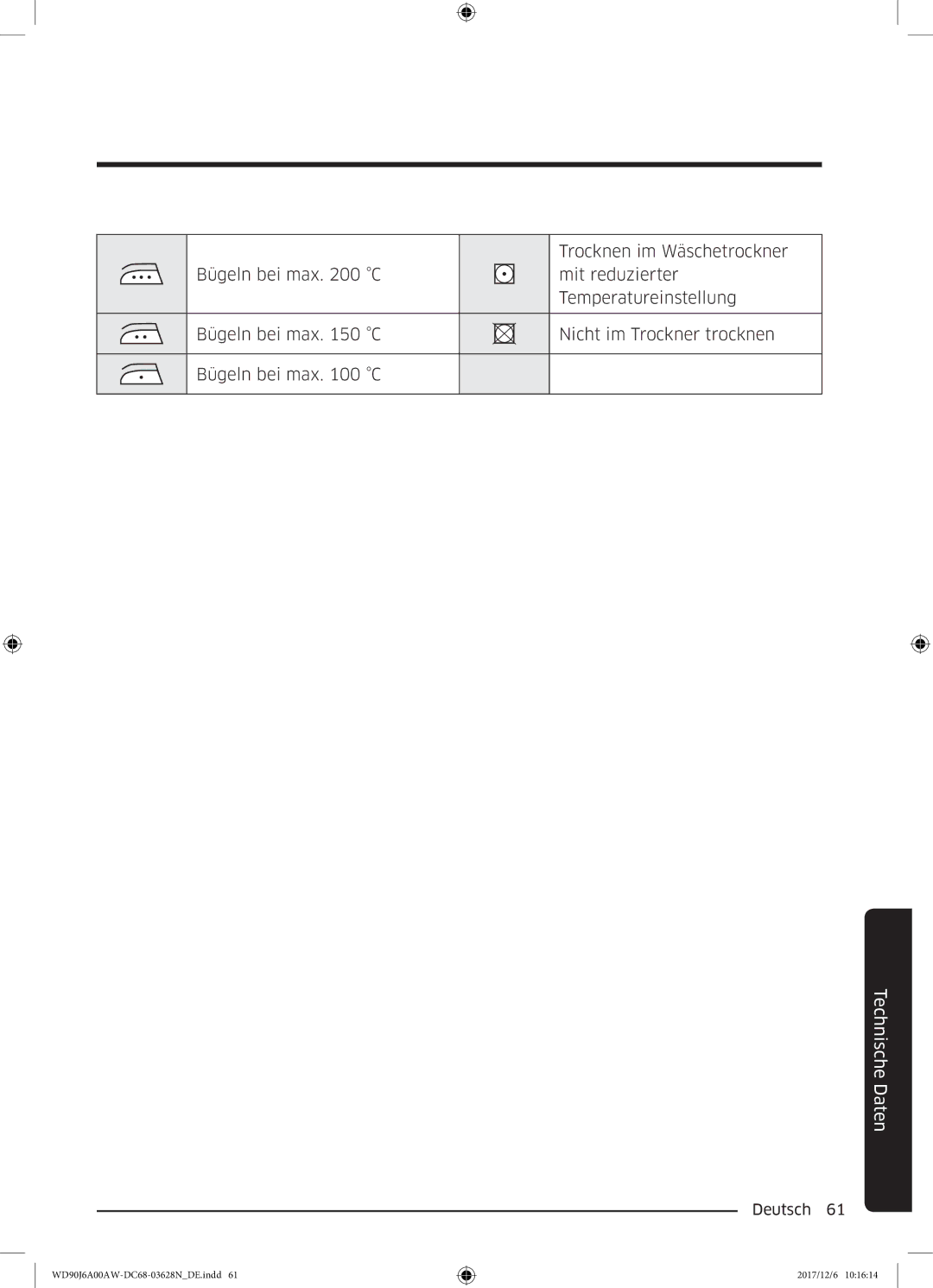 Samsung WD91J6A00AW/EG, WD80J6A00AW/EG manual Technische Daten 