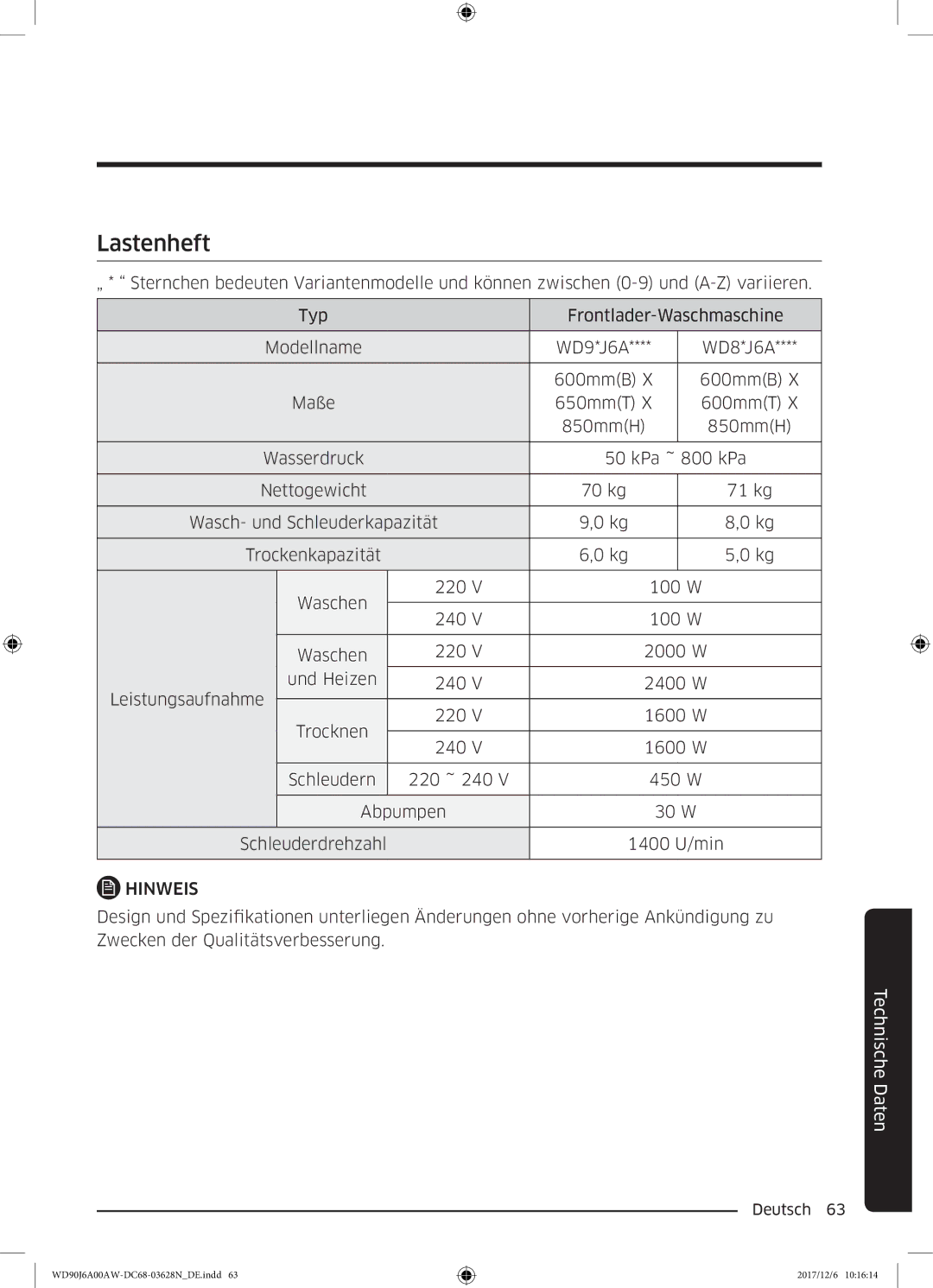 Samsung WD91J6A00AW/EG, WD80J6A00AW/EG manual Lastenheft 