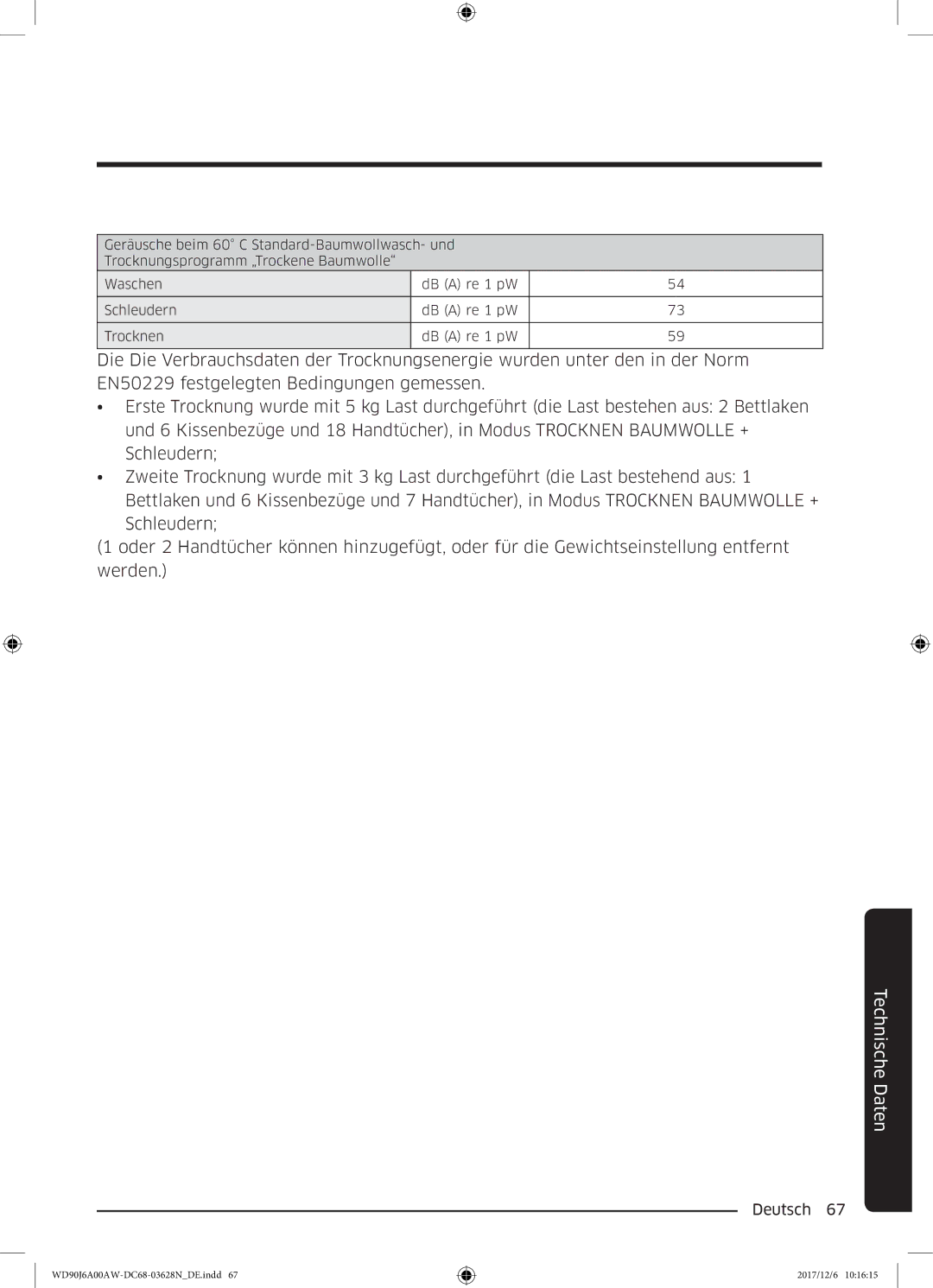 Samsung WD91J6A00AW/EG, WD80J6A00AW/EG manual Technische Daten 