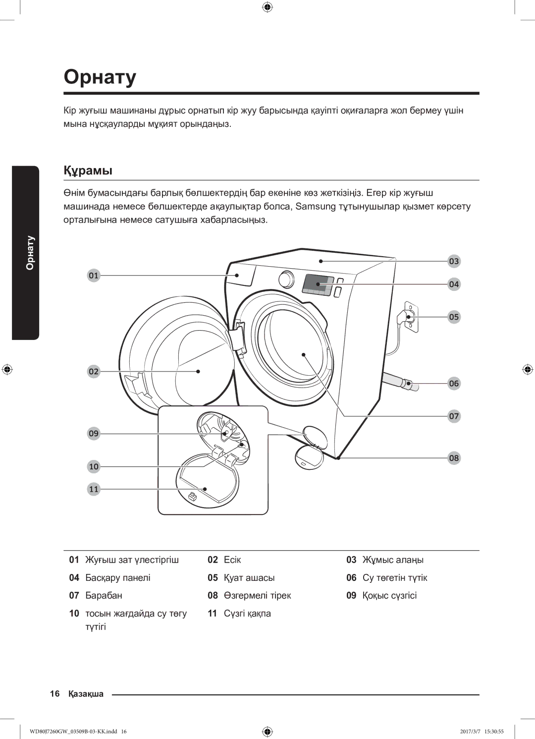 Samsung WD80J7250GX/LP, WD80J7250GW/LP manual Орнату, Құрамы 