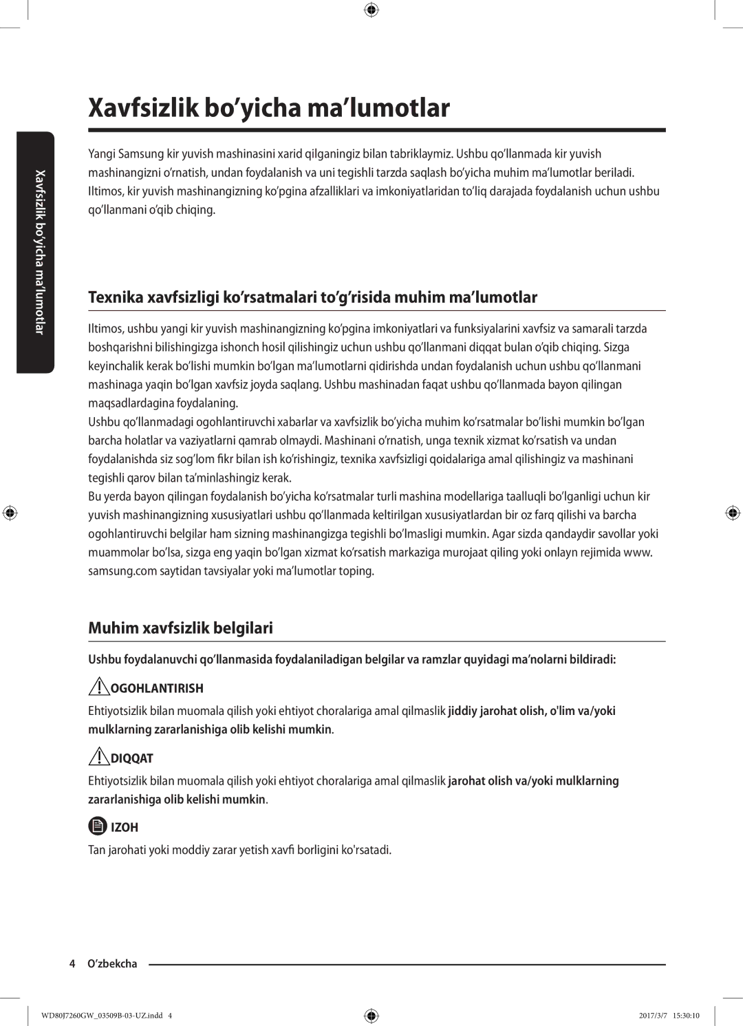 Samsung WD80J7250GX/LP, WD80J7250GW/LP manual Xavfsizlik bo’yicha ma’lumotlar, Muhim xavfsizlik belgilari 