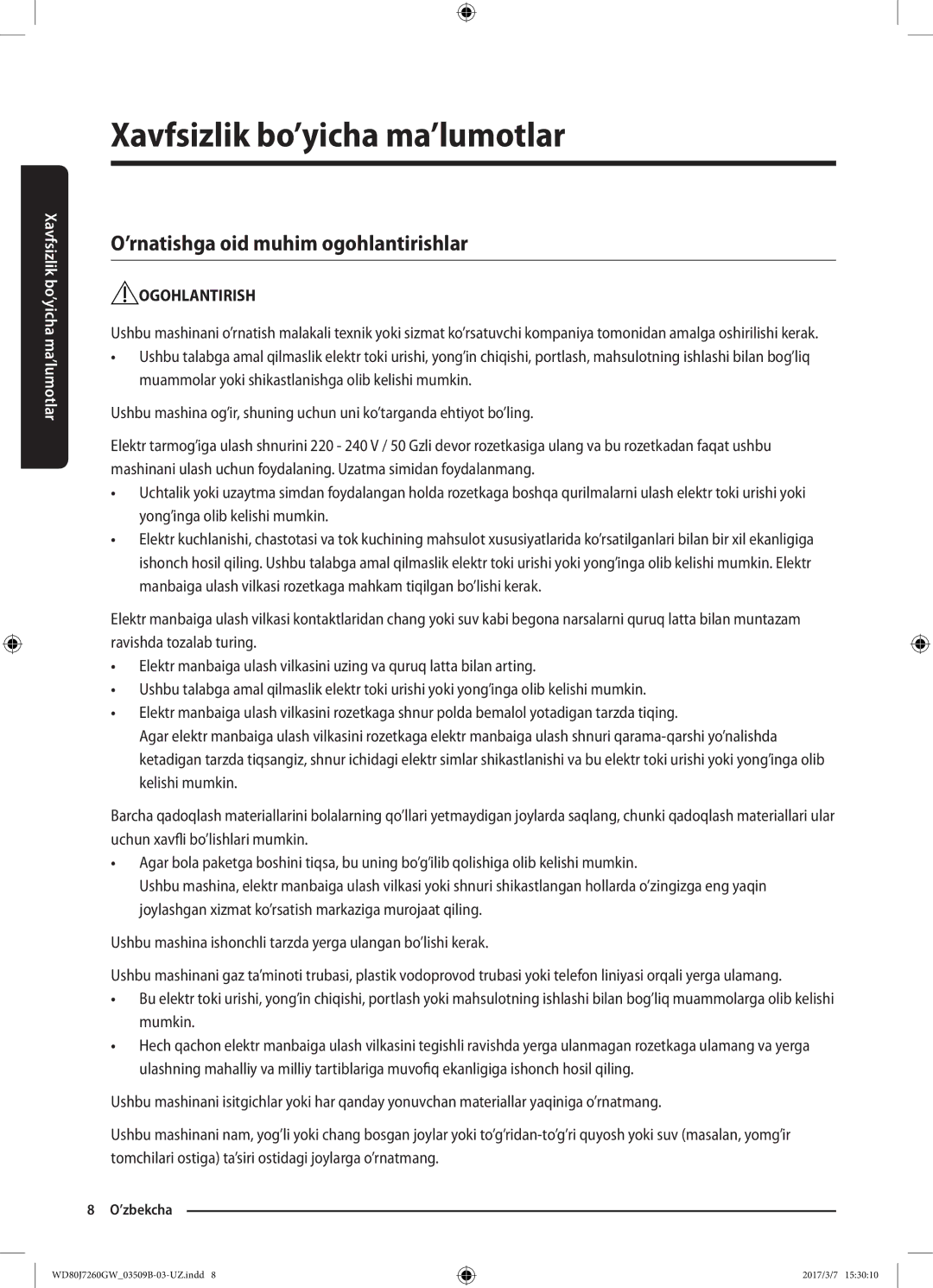 Samsung WD80J7250GX/LP, WD80J7250GW/LP manual ’rnatishga oid muhim ogohlantirishlar 