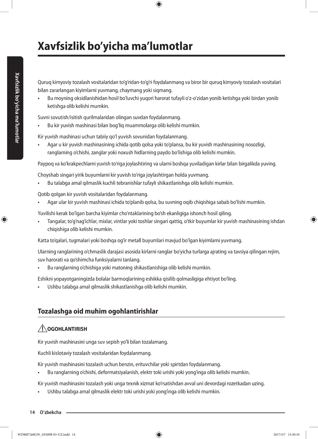 Samsung WD80J7250GX/LP, WD80J7250GW/LP manual Tozalashga oid muhim ogohlantirishlar 