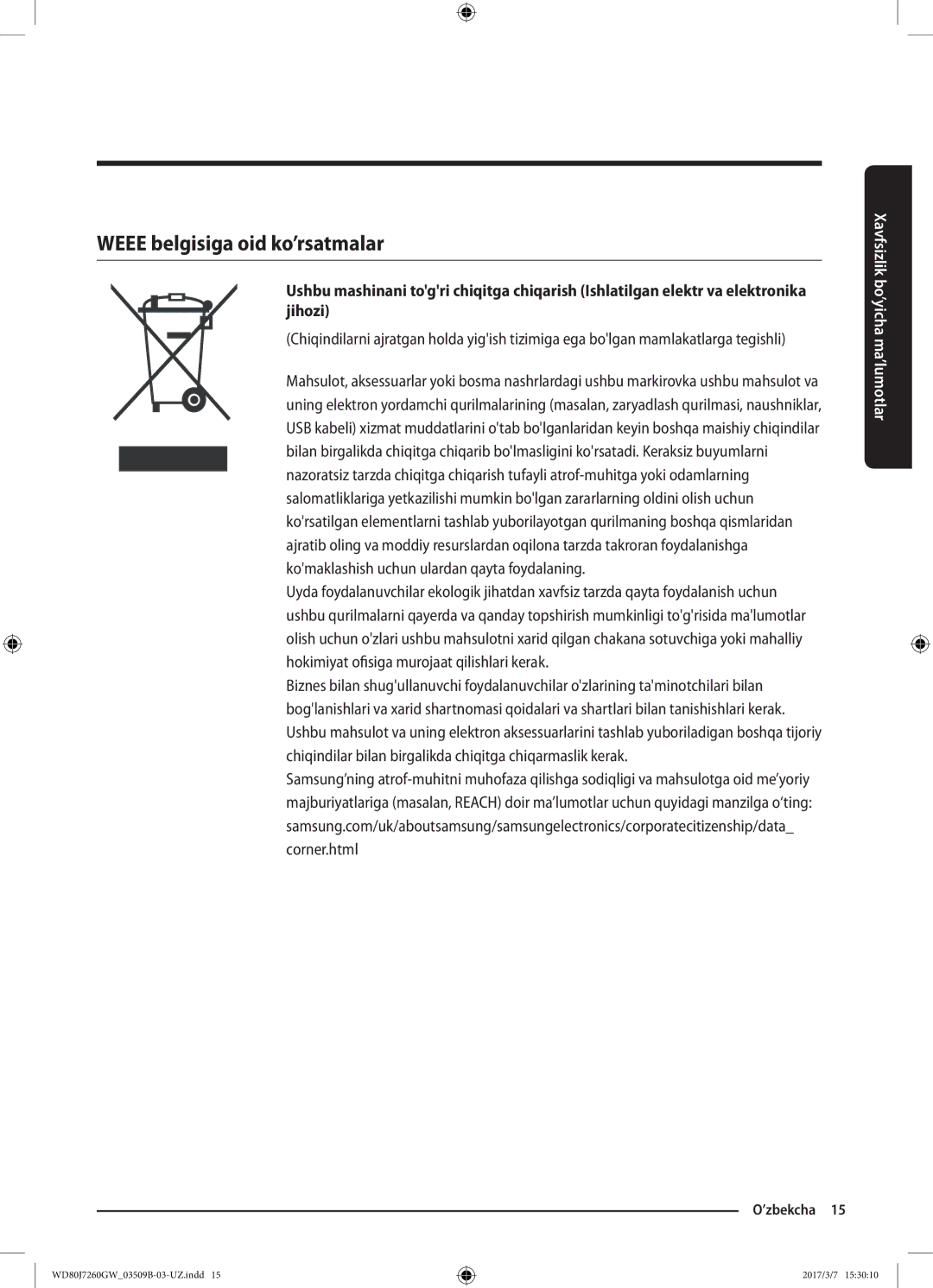 Samsung WD80J7250GW/LP, WD80J7250GX/LP manual Weee belgisiga oid ko’rsatmalar 