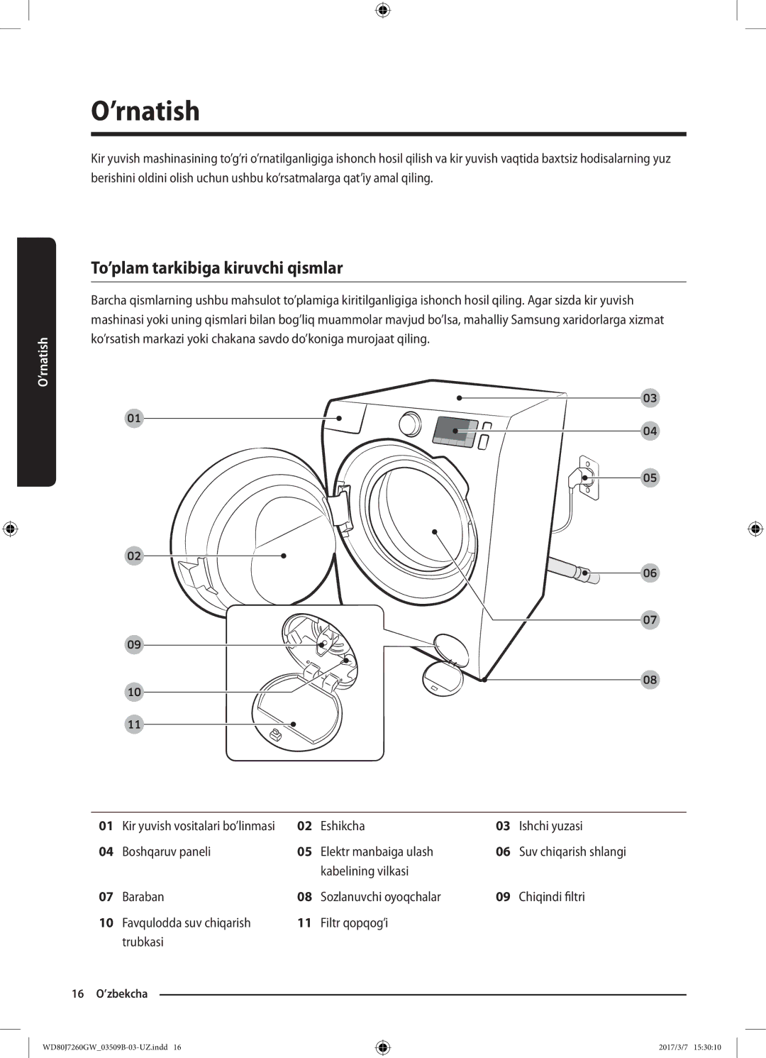 Samsung WD80J7250GX/LP, WD80J7250GW/LP manual ’rnatish, To’plam tarkibiga kiruvchi qismlar 