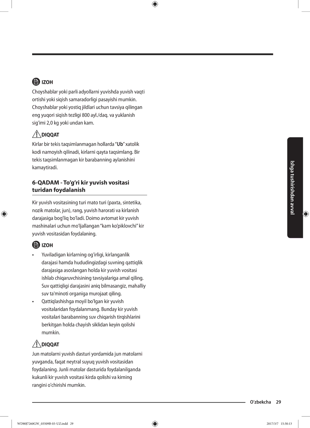 Samsung WD80J7250GW/LP, WD80J7250GX/LP manual Qadam To’g’ri kir yuvish vositasi turidan foydalanish 