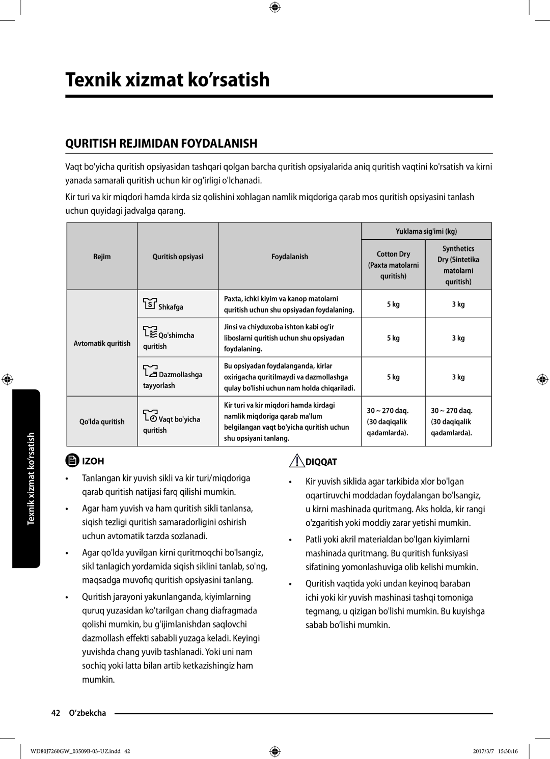 Samsung WD80J7250GX/LP, WD80J7250GW/LP manual Quritish Rejimidan Foydalanish, Qoshimcha 