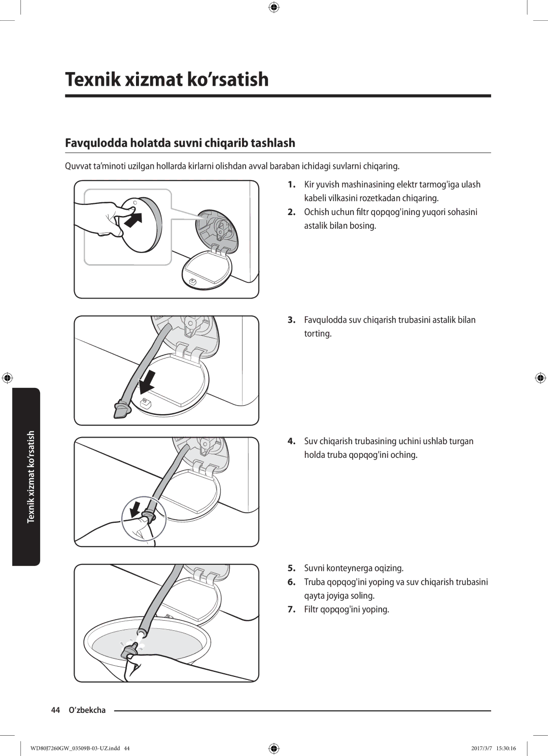 Samsung WD80J7250GX/LP, WD80J7250GW/LP manual Favqulodda holatda suvni chiqarib tashlash 
