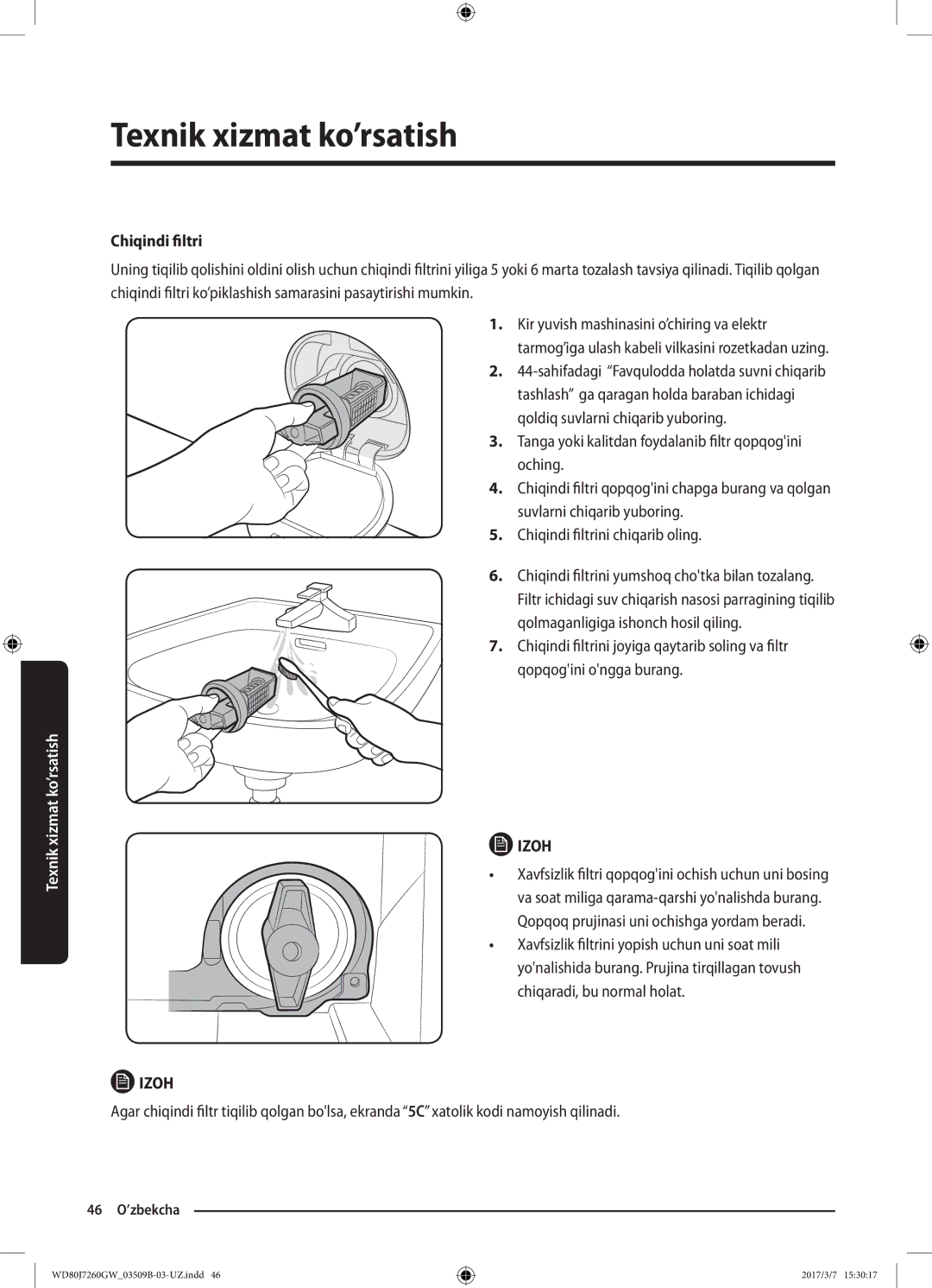 Samsung WD80J7250GX/LP, WD80J7250GW/LP manual 46 O’zbekcha 