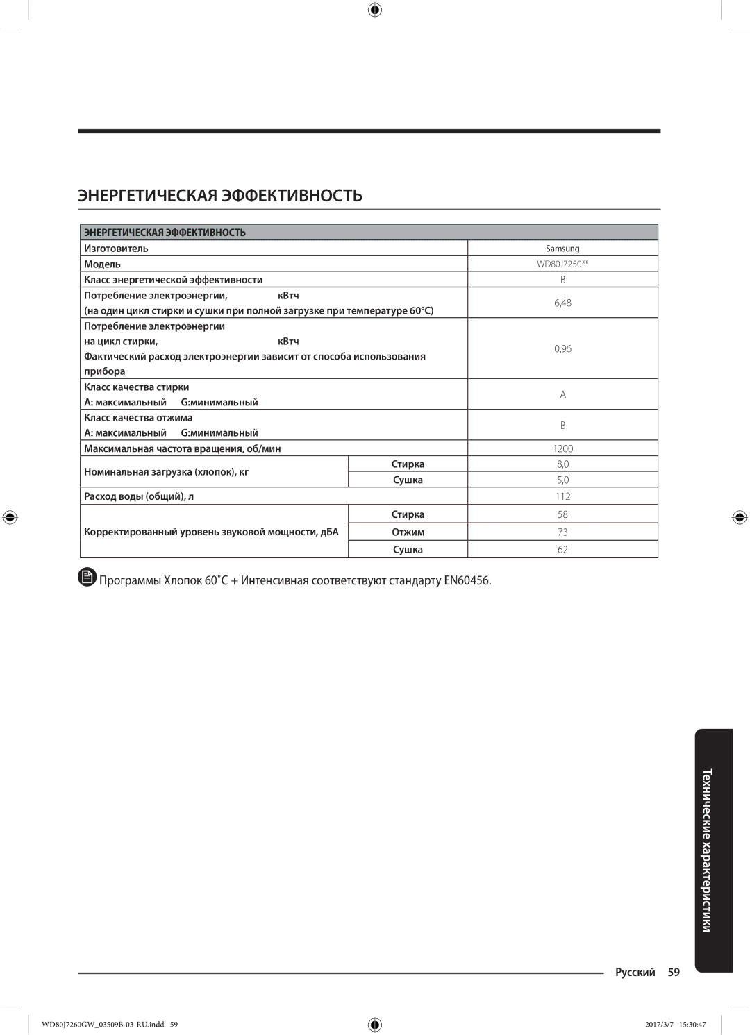 Samsung WD80J7250GW/LP, WD80J7250GX/LP manual Энергетическая Эффективность 