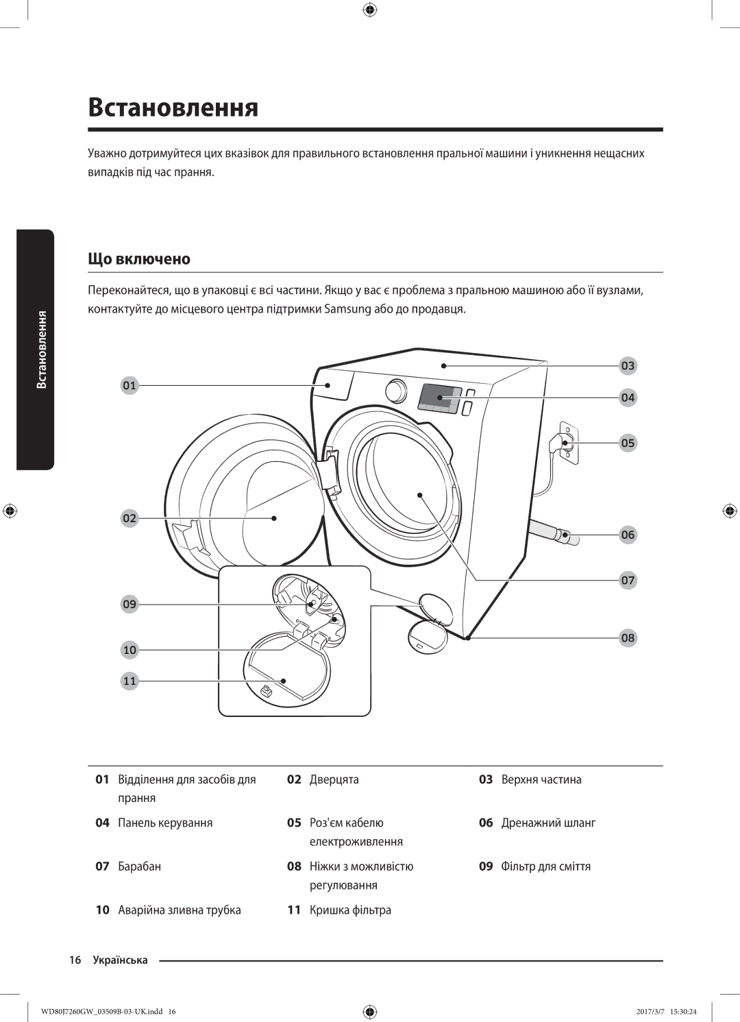 Samsung WD80J7250GX/LP, WD80J7250GW/LP manual Встановлення, Що включено, Електроживлення Барабан Ніжки з можливістю 