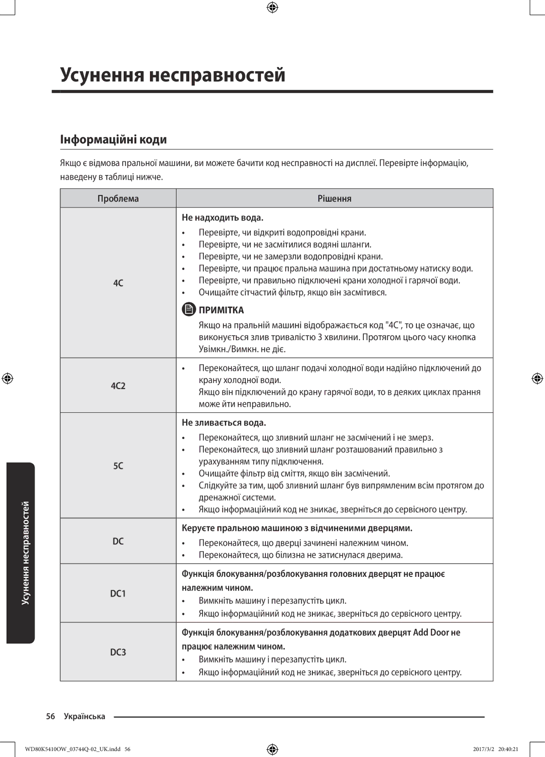 Samsung WD80K5410OS/LP, WD80K5410OW/LP manual Інформаційні коди 