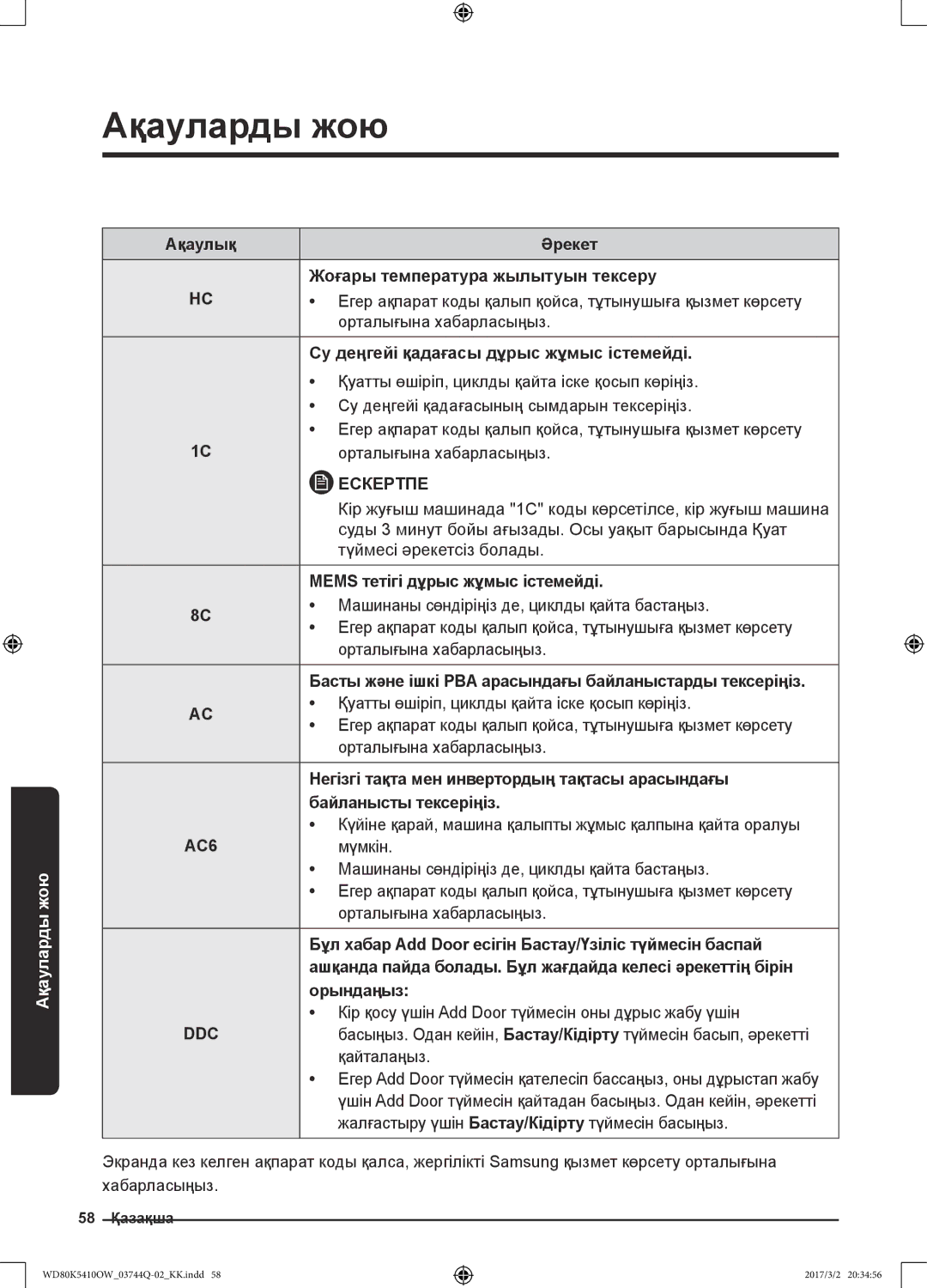 Samsung WD80K5410OS/LP manual Кір жуғыш машинада 1C коды көрсетілсе, кір жуғыш машина, Түймесі әрекетсіз болады, Мүмкін 