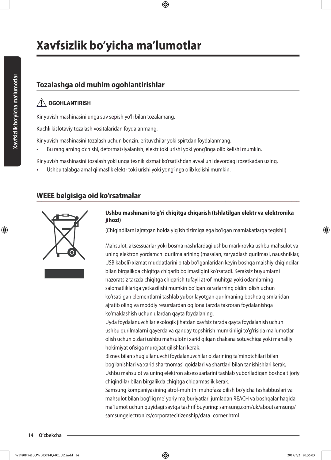 Samsung WD80K5410OS/LP, WD80K5410OW/LP manual Tozalashga oid muhim ogohlantirishlar, Weee belgisiga oid ko’rsatmalar 