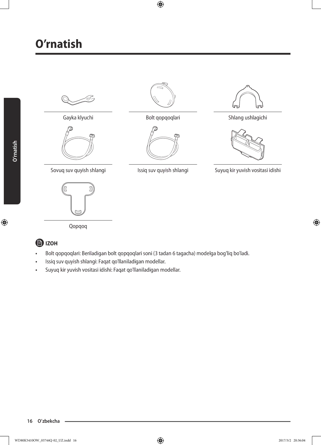 Samsung WD80K5410OS/LP manual Gayka klyuchi Bolt qopqoqlari, Sovuq suv quyish shlangi Issiq suv quyish shlangi, Qopqoq 