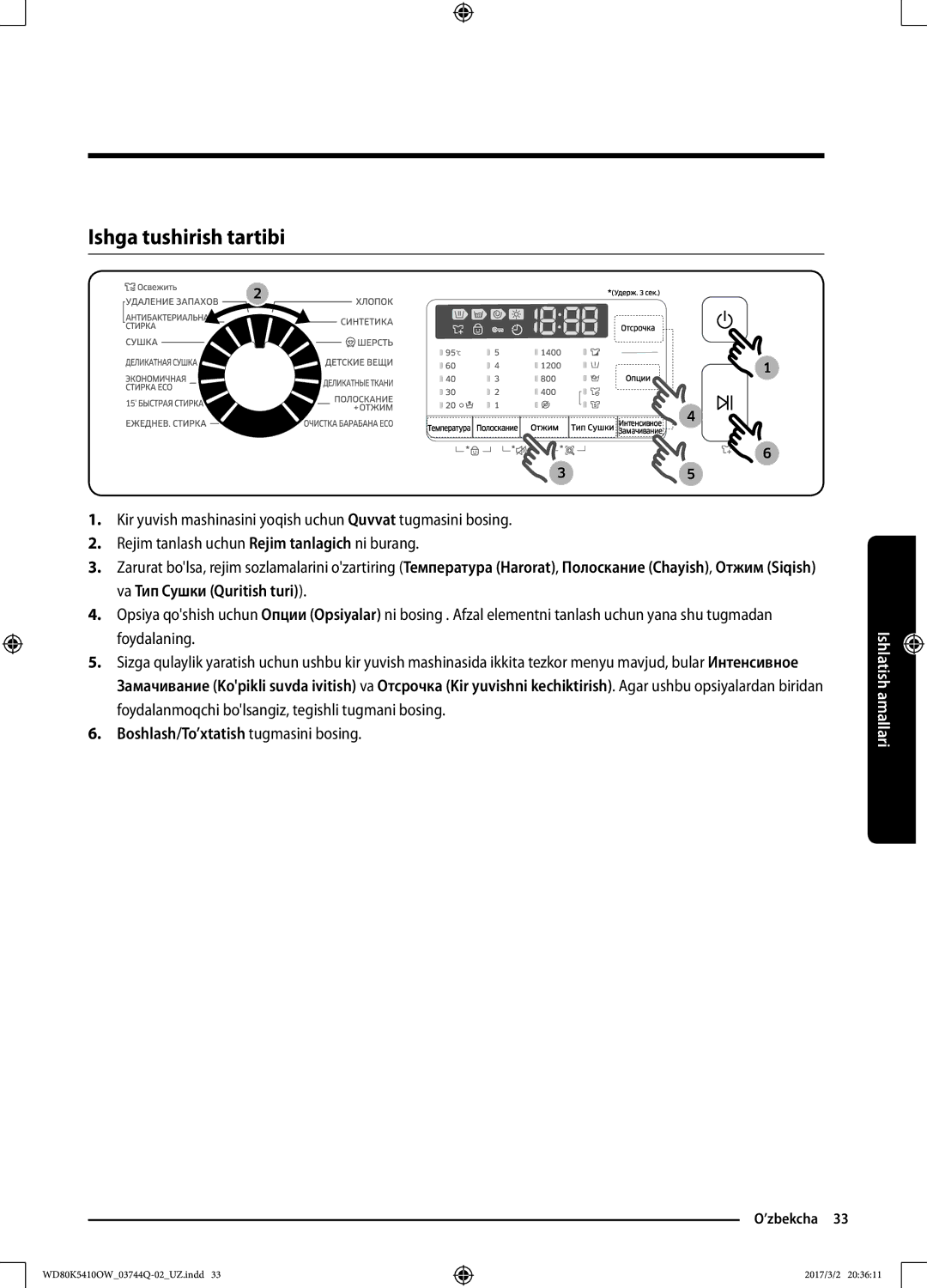 Samsung WD80K5410OW/LP, WD80K5410OS/LP manual Ishga tushirish tartibi, Boshlash/To’xtatish tugmasini bosing 