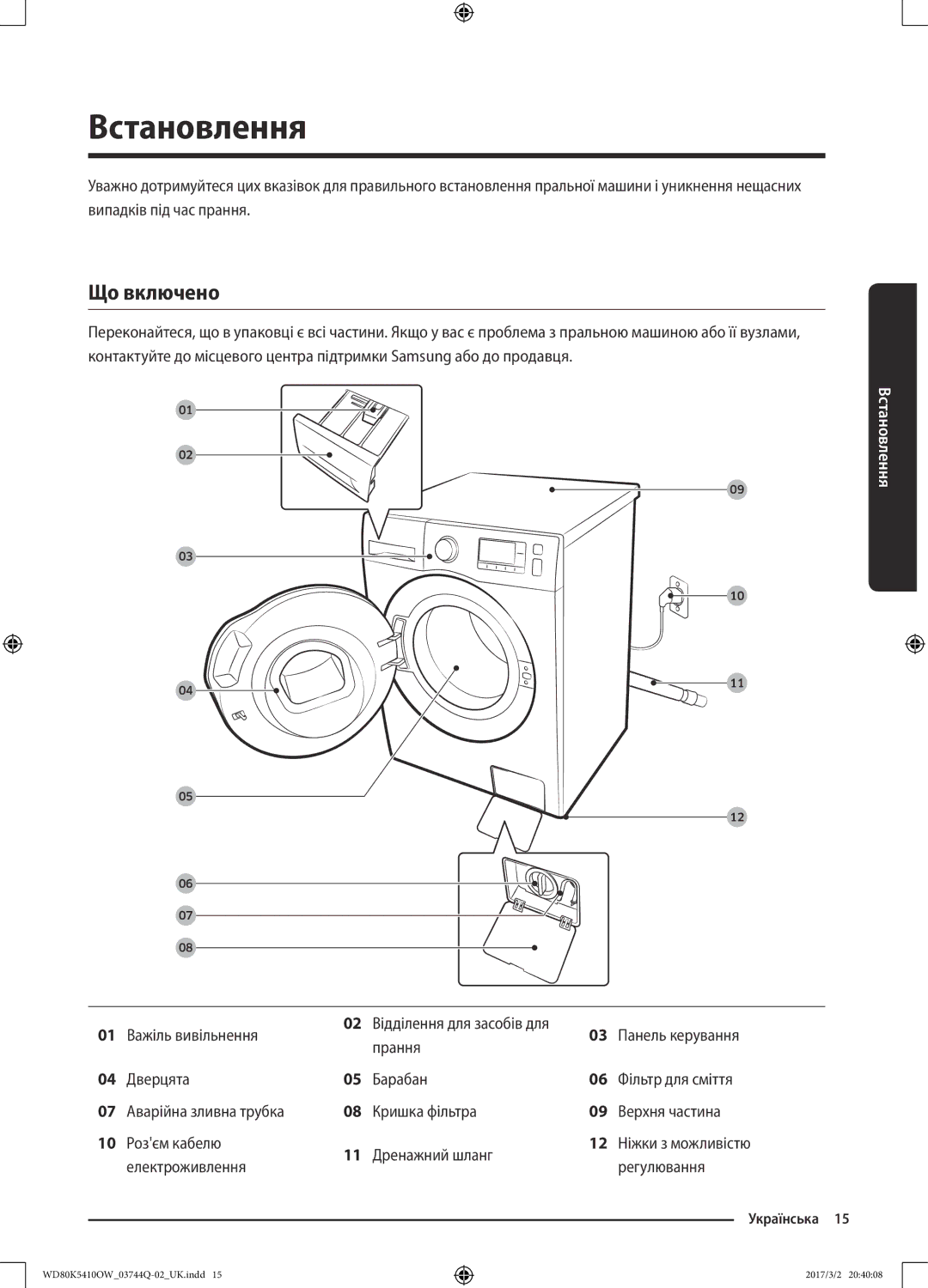 Samsung WD80K5410OW/LP, WD80K5410OS/LP manual Встановлення, Що включено 