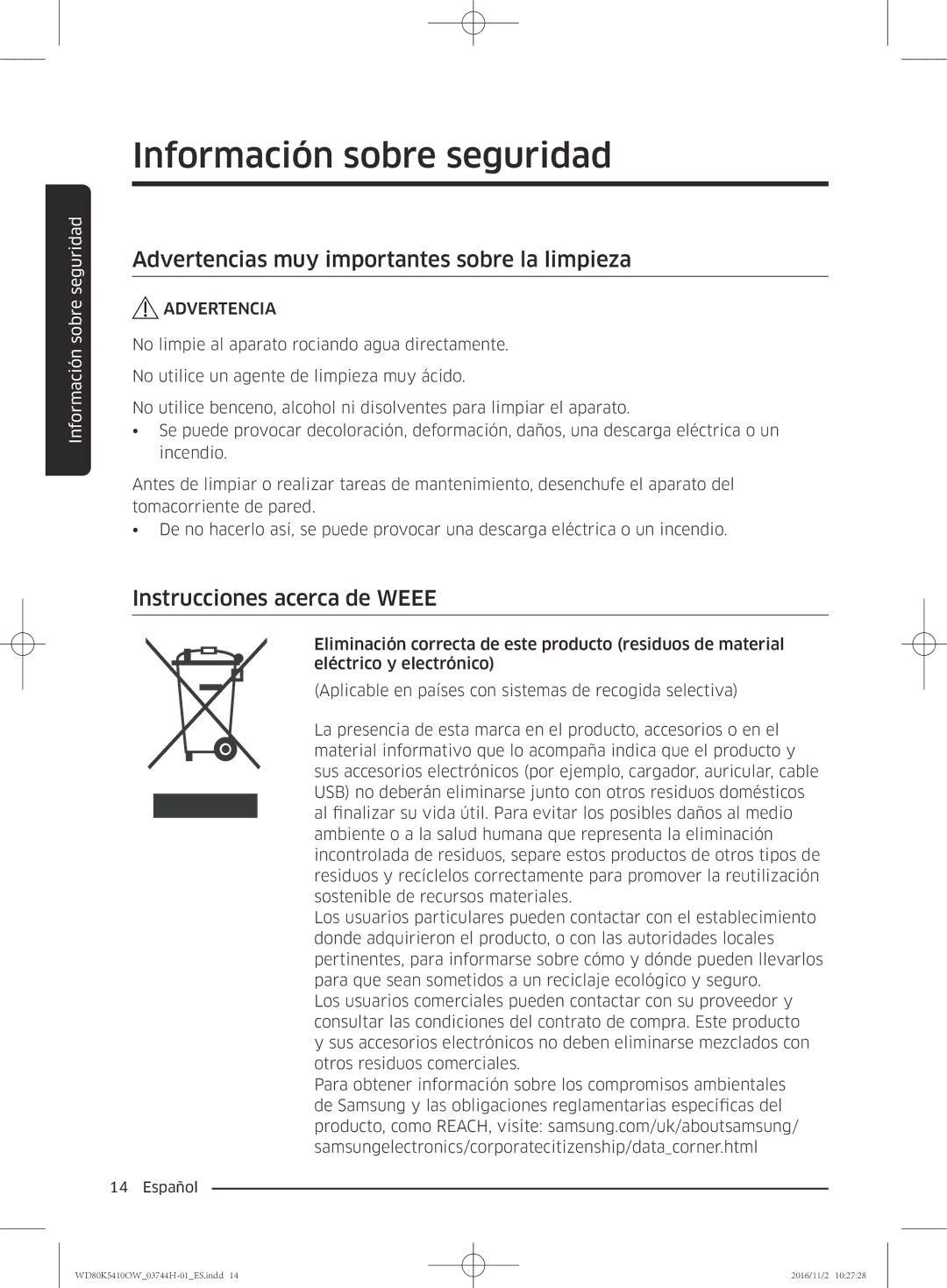 Samsung WD80K5410OW/EC manual Advertencias muy importantes sobre la limpieza, Instrucciones acerca de Weee 