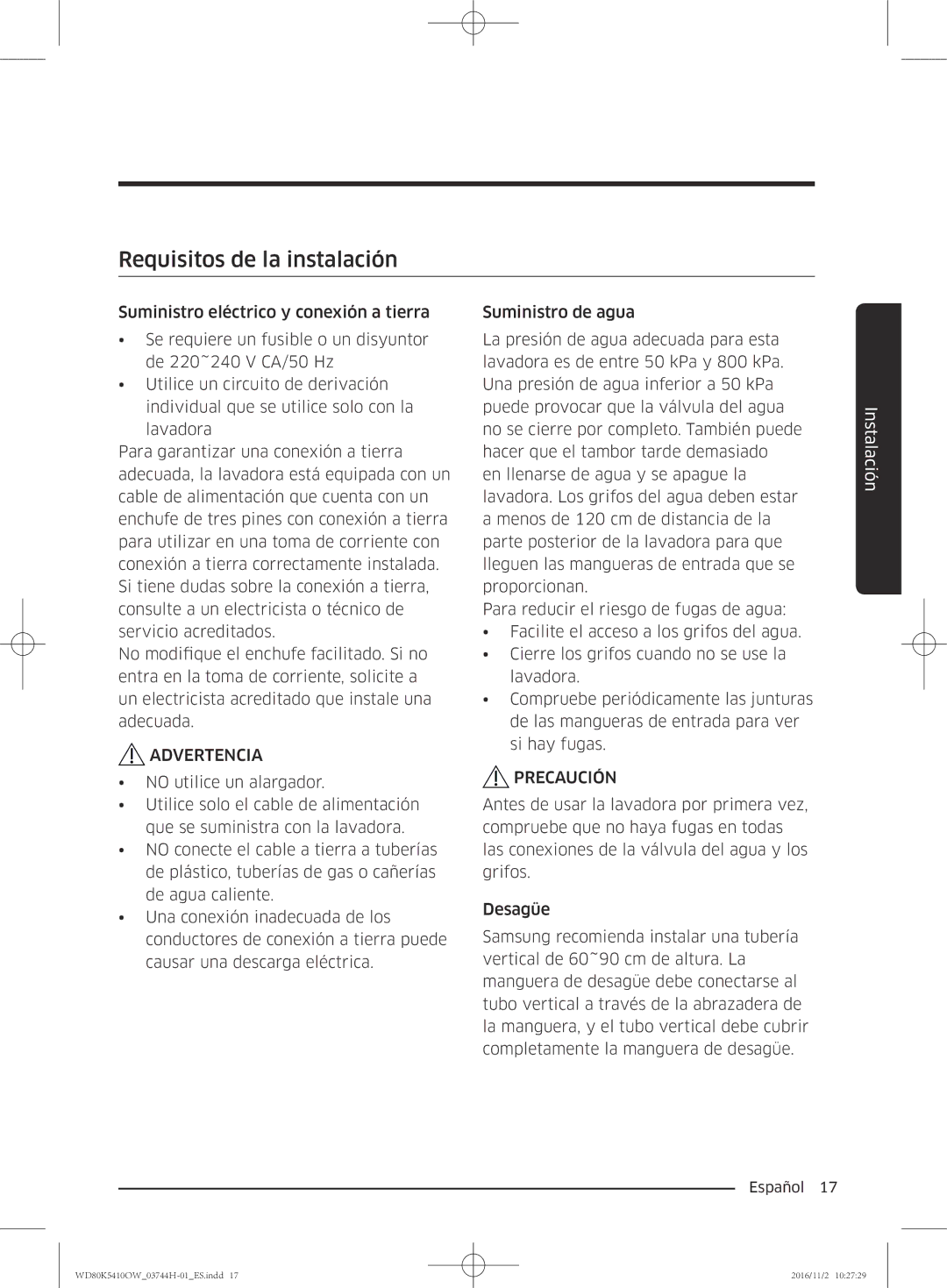 Samsung WD80K5410OW/EC manual Requisitos de la instalación 