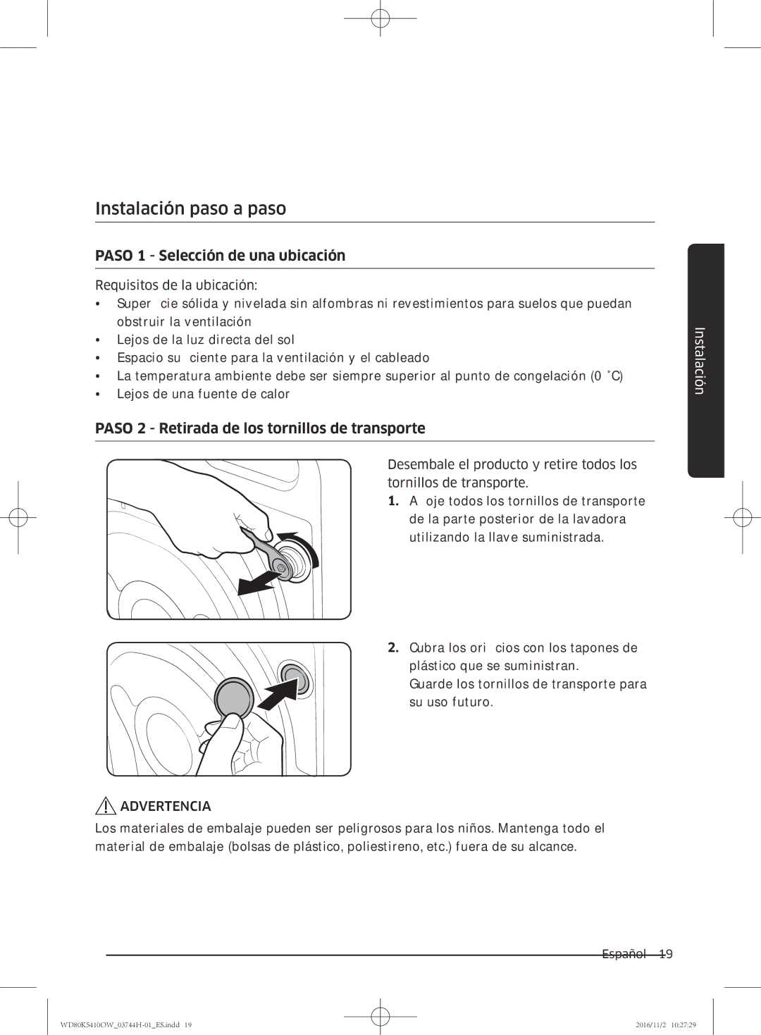 Samsung WD80K5410OW/EC manual Instalación paso a paso, Paso 1 Selección de una ubicación 