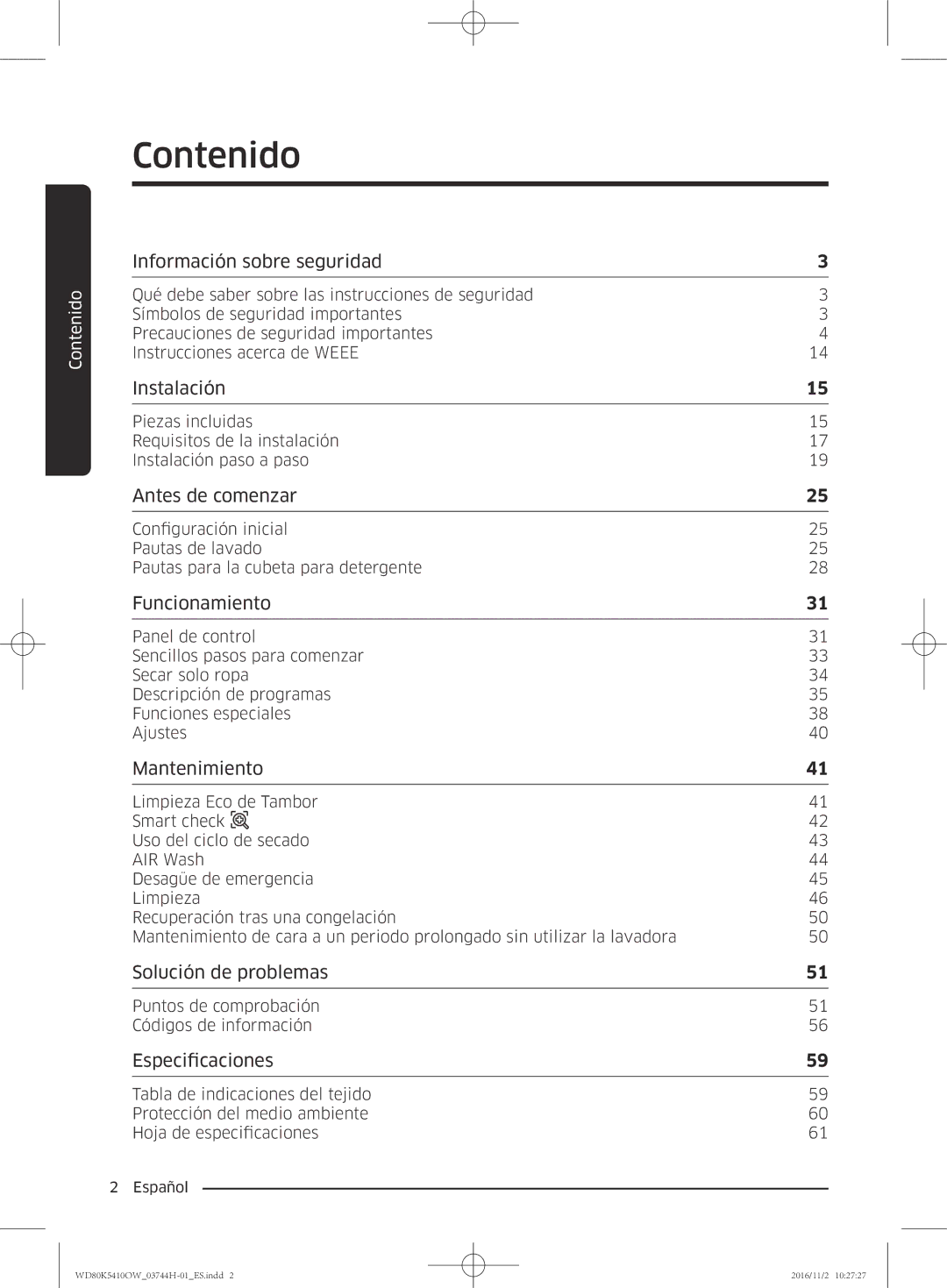 Samsung WD80K5410OW/EC manual Contenido, Información sobre seguridad 