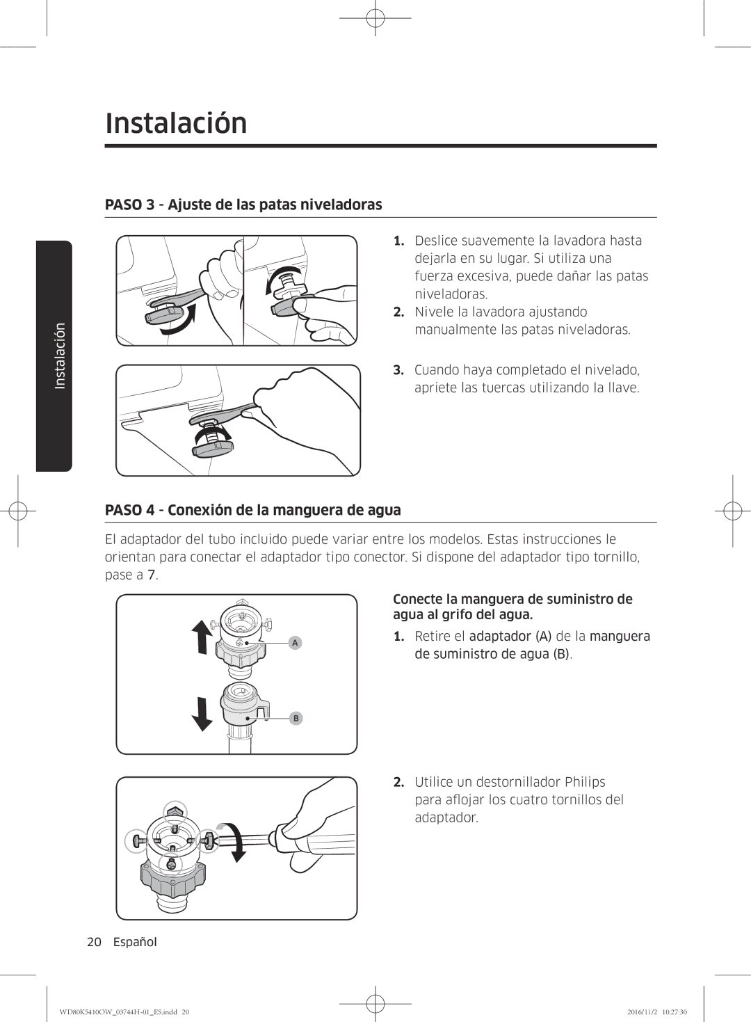 Samsung WD80K5410OW/EC manual Paso 3 Ajuste de las patas niveladoras 