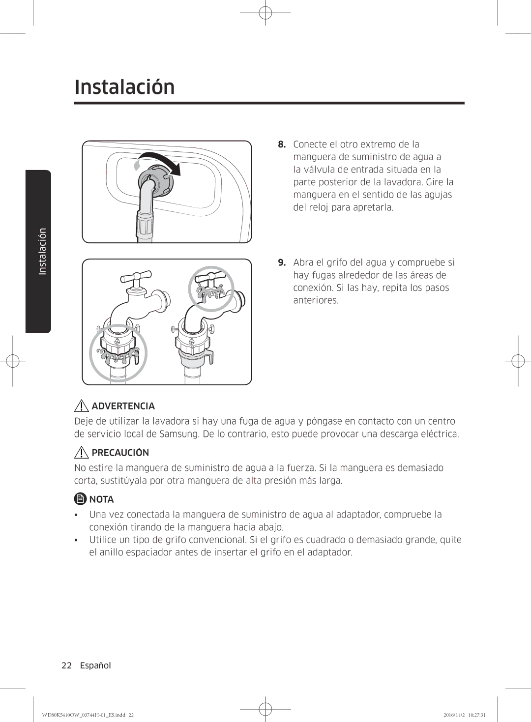 Samsung WD80K5410OW/EC manual Advertencia 