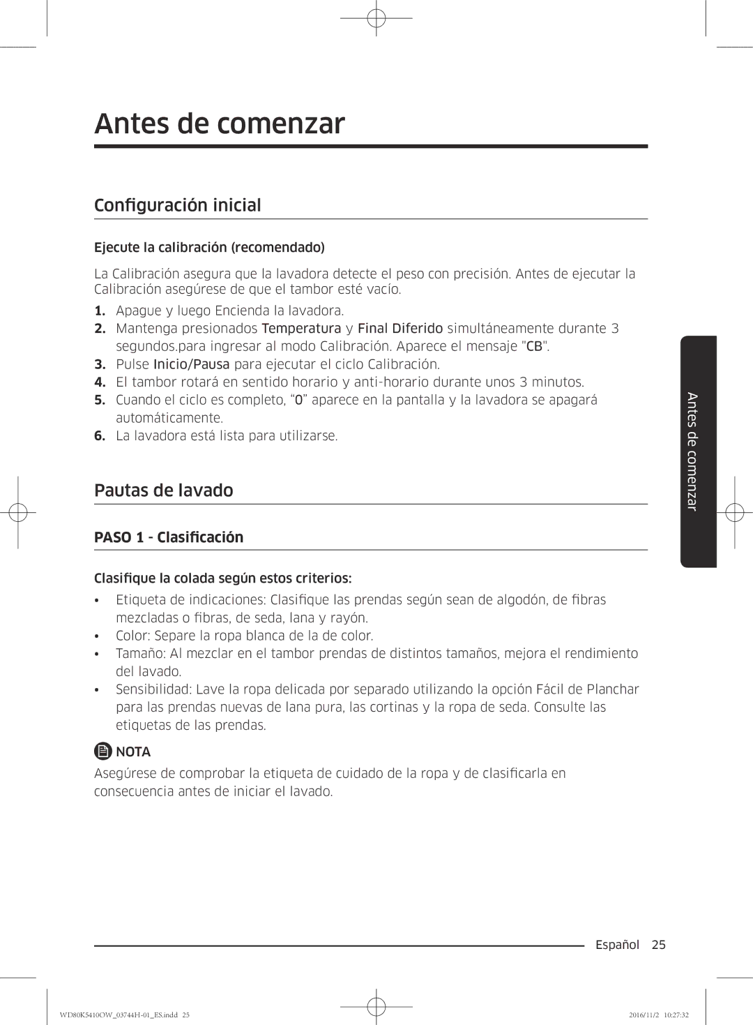 Samsung WD80K5410OW/EC manual Antes de comenzar, Configuración inicial, Pautas de lavado 