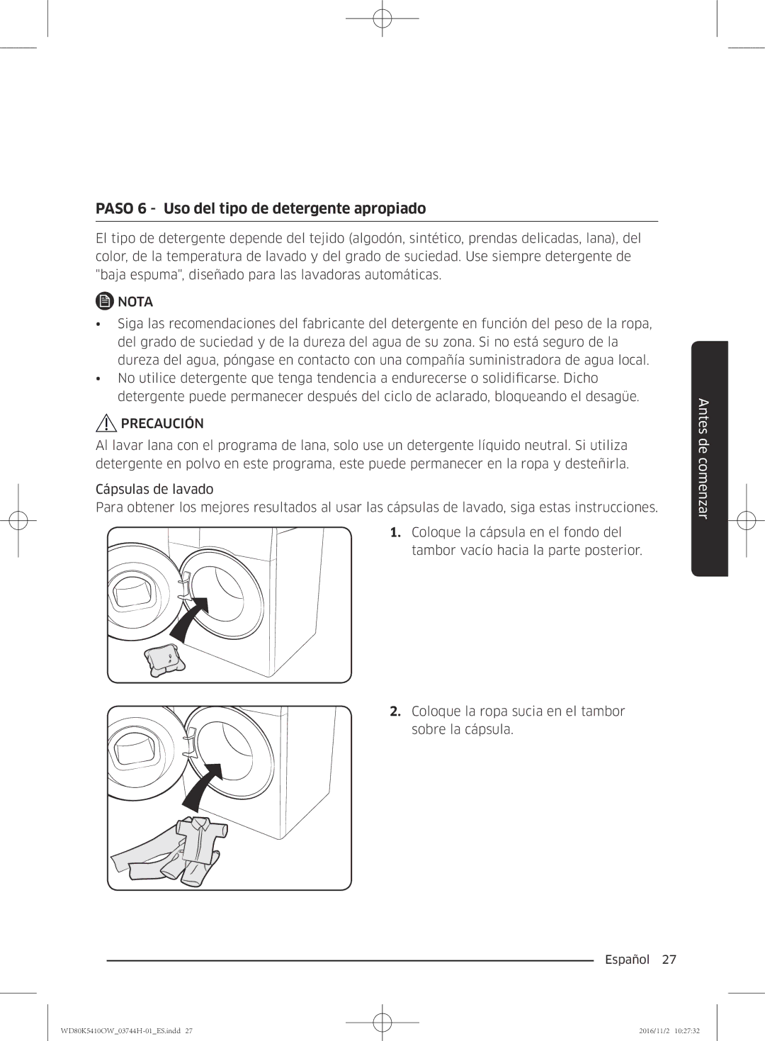 Samsung WD80K5410OW/EC manual Paso 6 Uso del tipo de detergente apropiado 